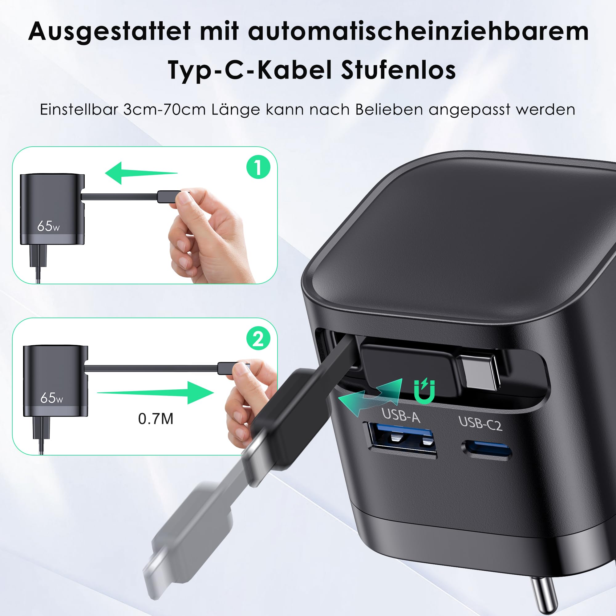 USB C-oplader, 65 W USB C voeding, 3-poorts PD-oplader, GaN snellader compatibel met MacBook Pro/Air/iPhone 15/14/13/12/iPad Pro/Galaxy S24/S23 Ultra/S23 /S23/S22