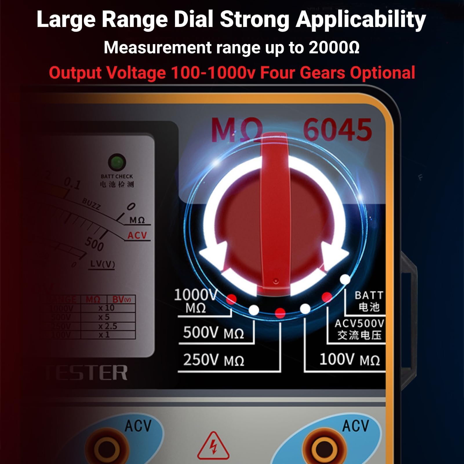Probador de Resistencia de Aislamiento TY6045 Megóhmetro Portátil 1000V 5MΩ-2000MΩ Medidor de Medidas de Resistencia ABS 10-2000M±10% de Longitud de Arco