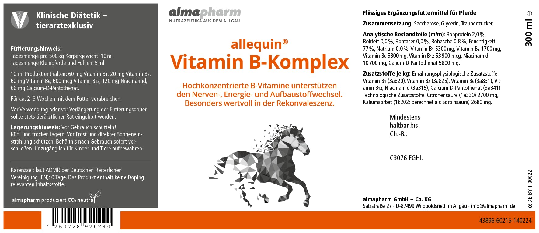 almapharm allequin Vitamina B Complesso | Confezione doppia | 2 x 300 ml | Mangime liquido complementare per cavalli | Per carenza di vitamina B
