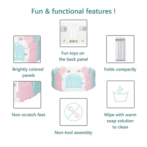 Miniatura 5 de Dream On Me Parque infantil Rumi de 12 paneles en rosa y azul, fácil de plegar y almacenar, divertido panel de juegos, corralito interior y exterior