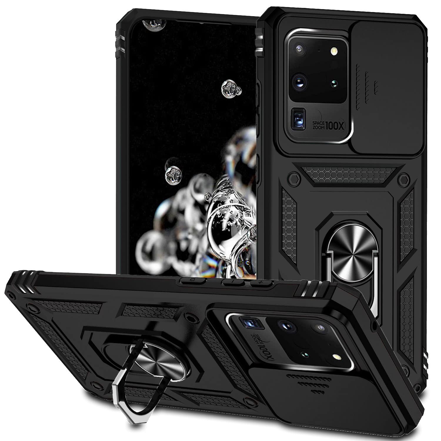 Jiyu Funda Compatible con Samsung Galaxy S20 Ultra 5G Carcasă Armor Militar Cubierta de Cámara Deslizante Proteger Fundas con 360 Full Protección Anillo Soporte Silicona Estuche Cover Case,Negro