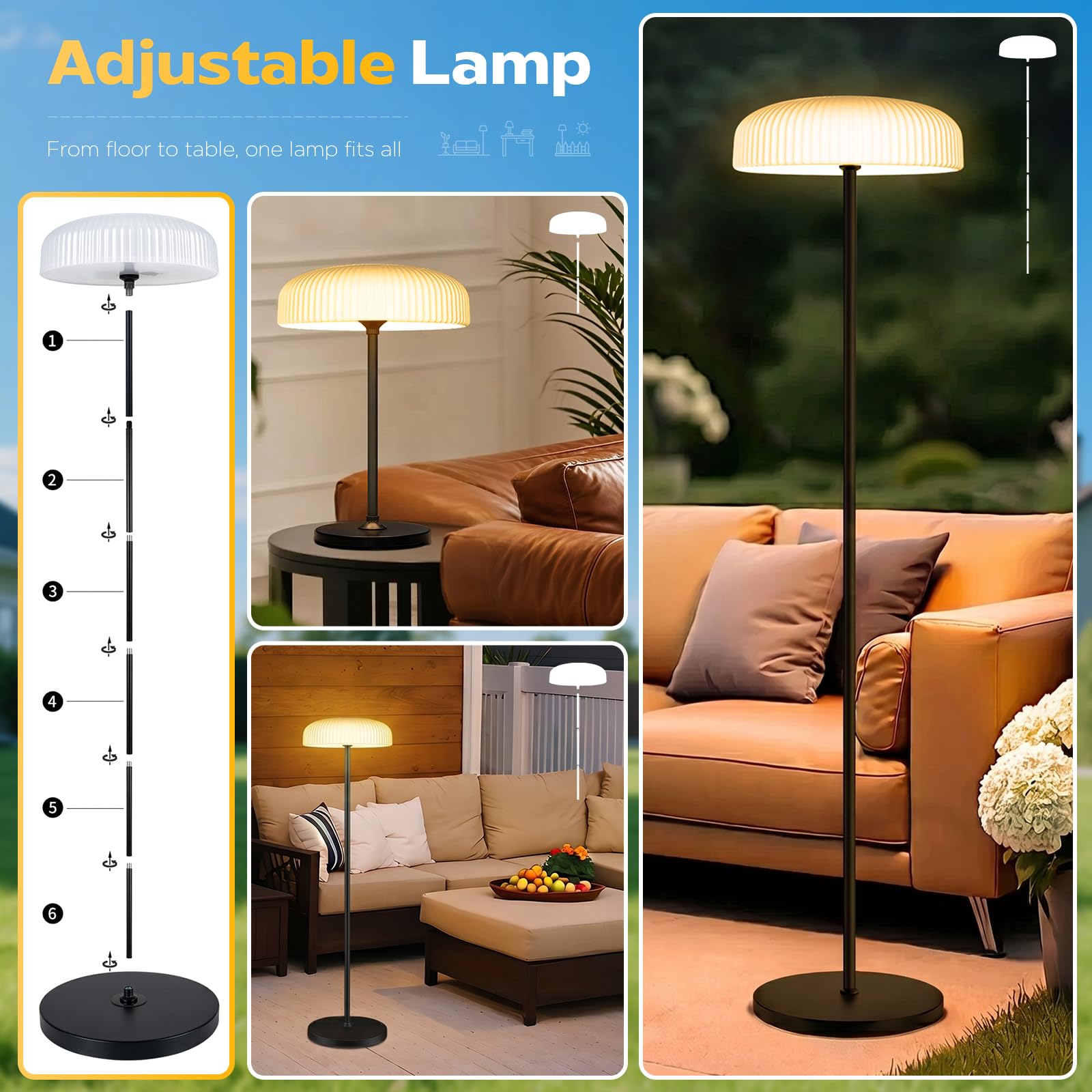AGOTD Lampada da terra solare per patio esterno, LED senza fili con telecomando, 10 livelli di luminosità, bianco caldo e bianco freddo, impermeabile, ricaricabile da 4000 mAh