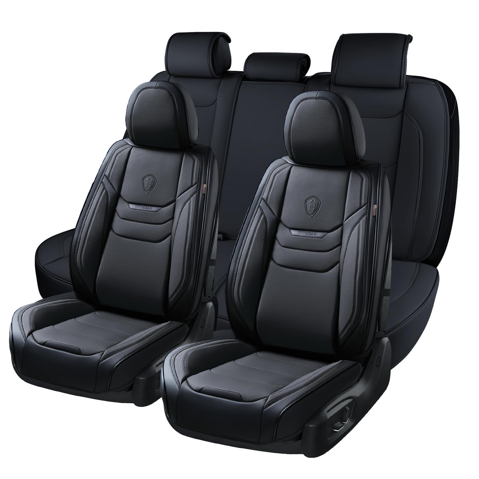 Coverado Leather Seat Covers for Cars, Car Seat Covers Full Set, Breathable Car Seat Protector with Lumbar Support, Black Seat Covers, Front and Back Waterproof Seat Cover Universal Fit for Most Cars