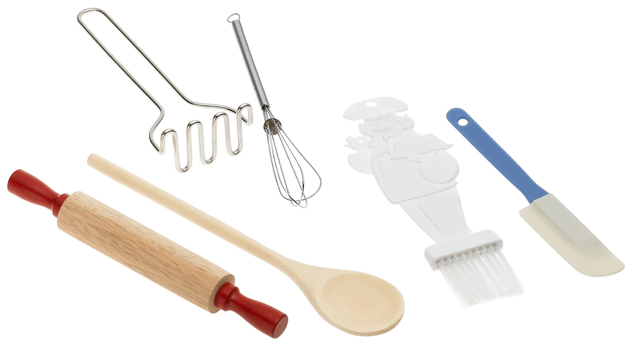 R&M International 5830 Mini Baking Tools, Spatula, Brush, Masher, Whisk, Wood Spoon, and Rolling Pin, 6-Piece Set