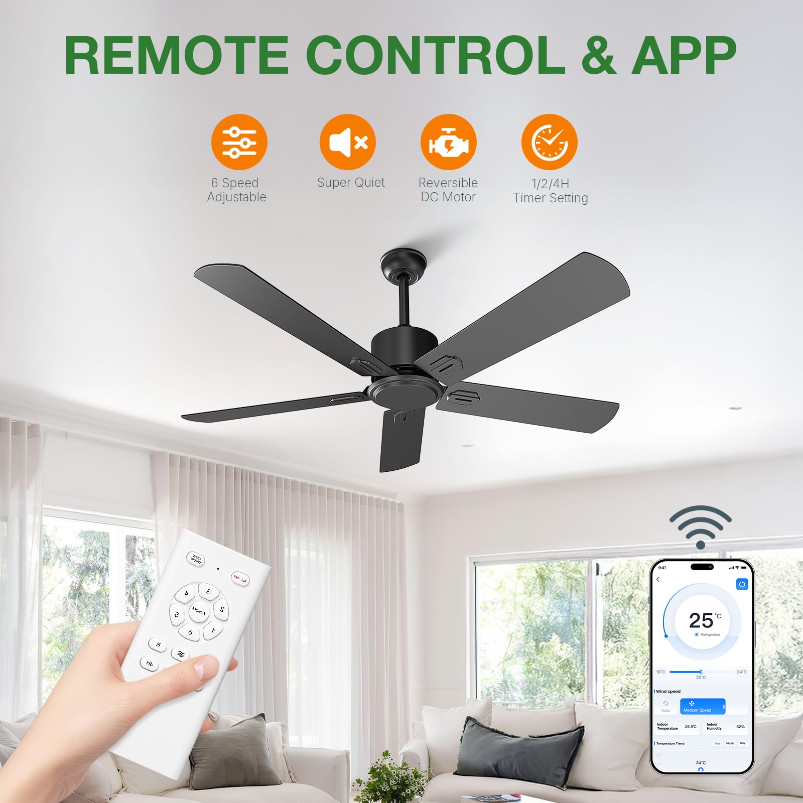 Obabala - Ventilador de techo para exteriores de 52 pulgadas, sin luz, moderno ventilador de techo negro sin luz con control remoto y aplicación, motor CC reversible silencioso, 6 velocidades, para