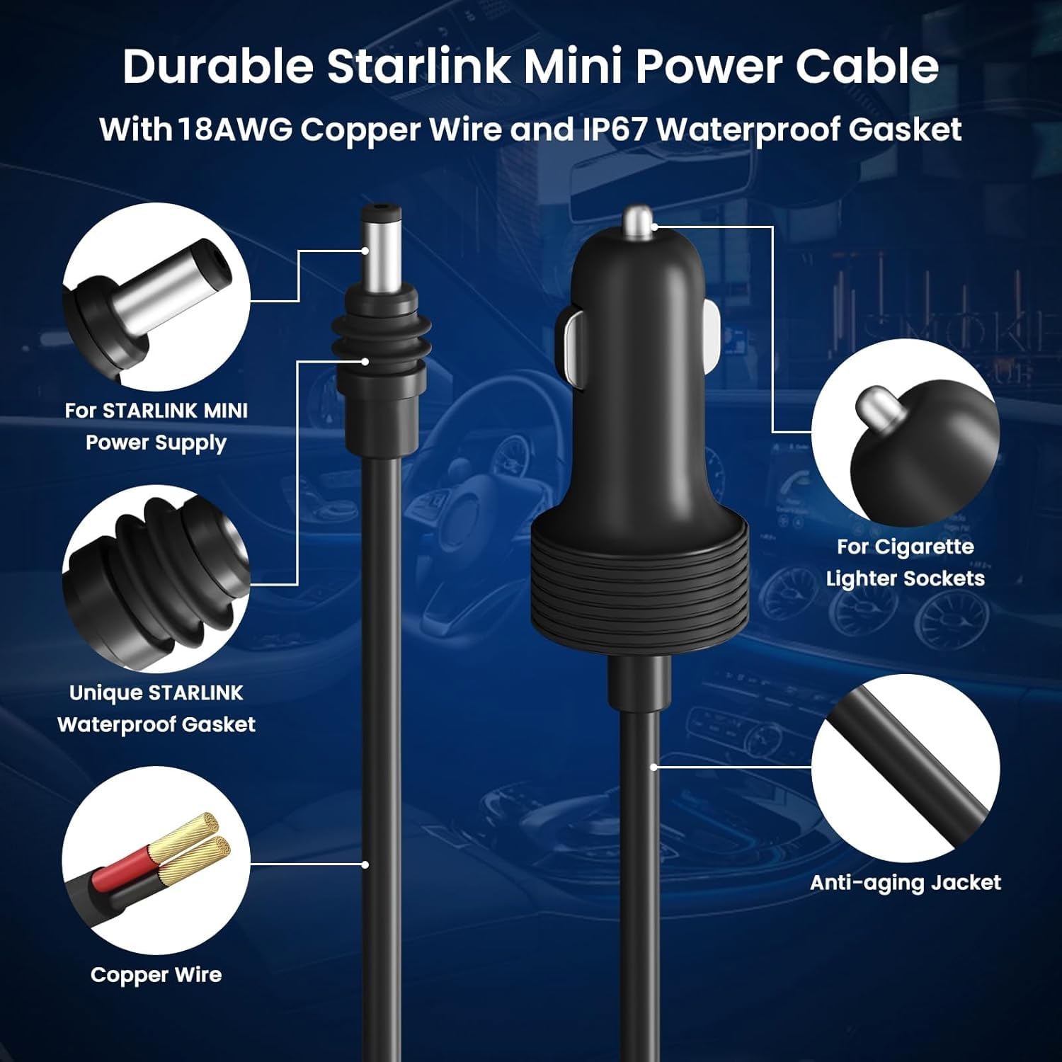 Starlink Mini kabel 12 V – 12-48 V do gniazda zapalniczki samochodowej na DC kabel zasilający adapter do ładowania Star Link Mini samochodów, kamperów, ciężarówek i statków (3 m)