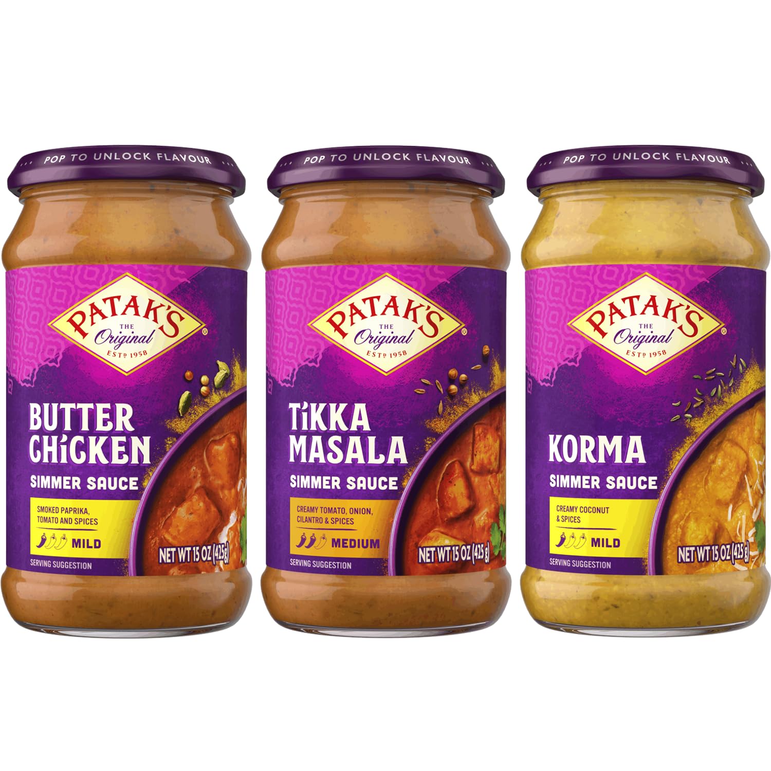 Patak’s Simmer Sauce Variety Pack - Butter Chicken, Tikka Masala & Korma - Mild to Medium Curry Sauces w/Cream, Coconut & Spices - Gluten-Free & Vegetarian Authentic Indian Sauce - Perfect for Quick