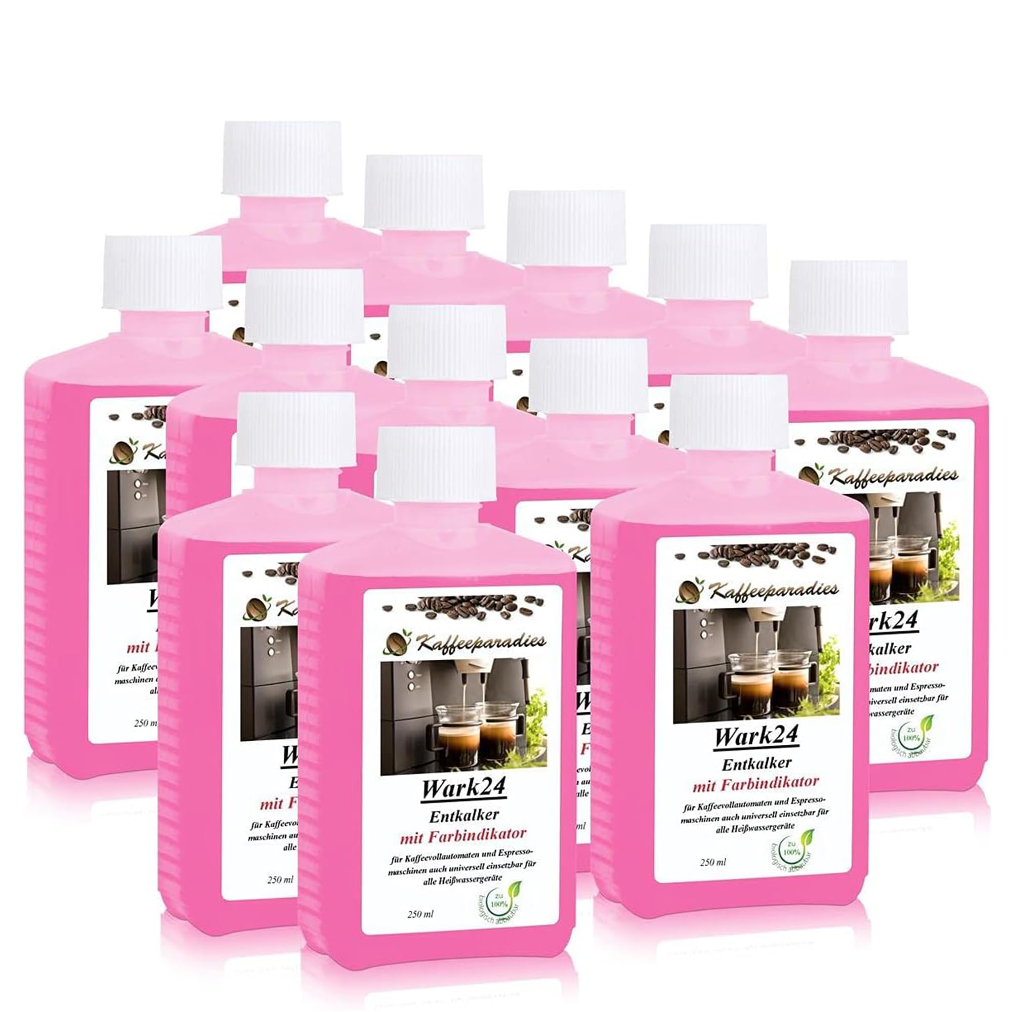 Flüssigentkalker 12x 250 ml mit Farbindikator, Universal-Entkalker & schonender Kalklöser für Kaffeemaschinen, Wasserkocher & Haushaltsgeräte, biologisch abbaubar