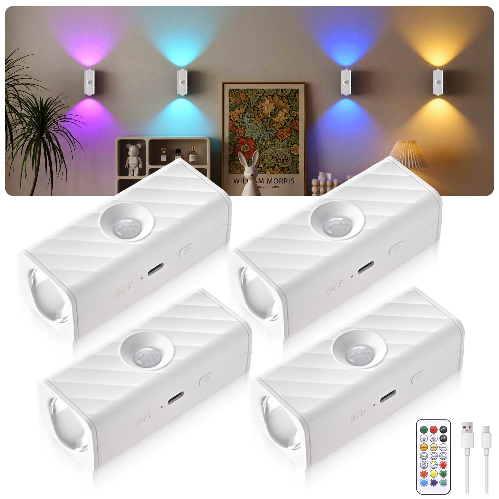MERTTURM Motion Sensor Night Light, LED Rechargeable Magnetic Stick on Wall Light Indoor with Remote Control, Wireless 10RGBW Dimmable Stair/Hallway/Living Room/Bedroom Decor Lamp for Kid Adult-4 Pack