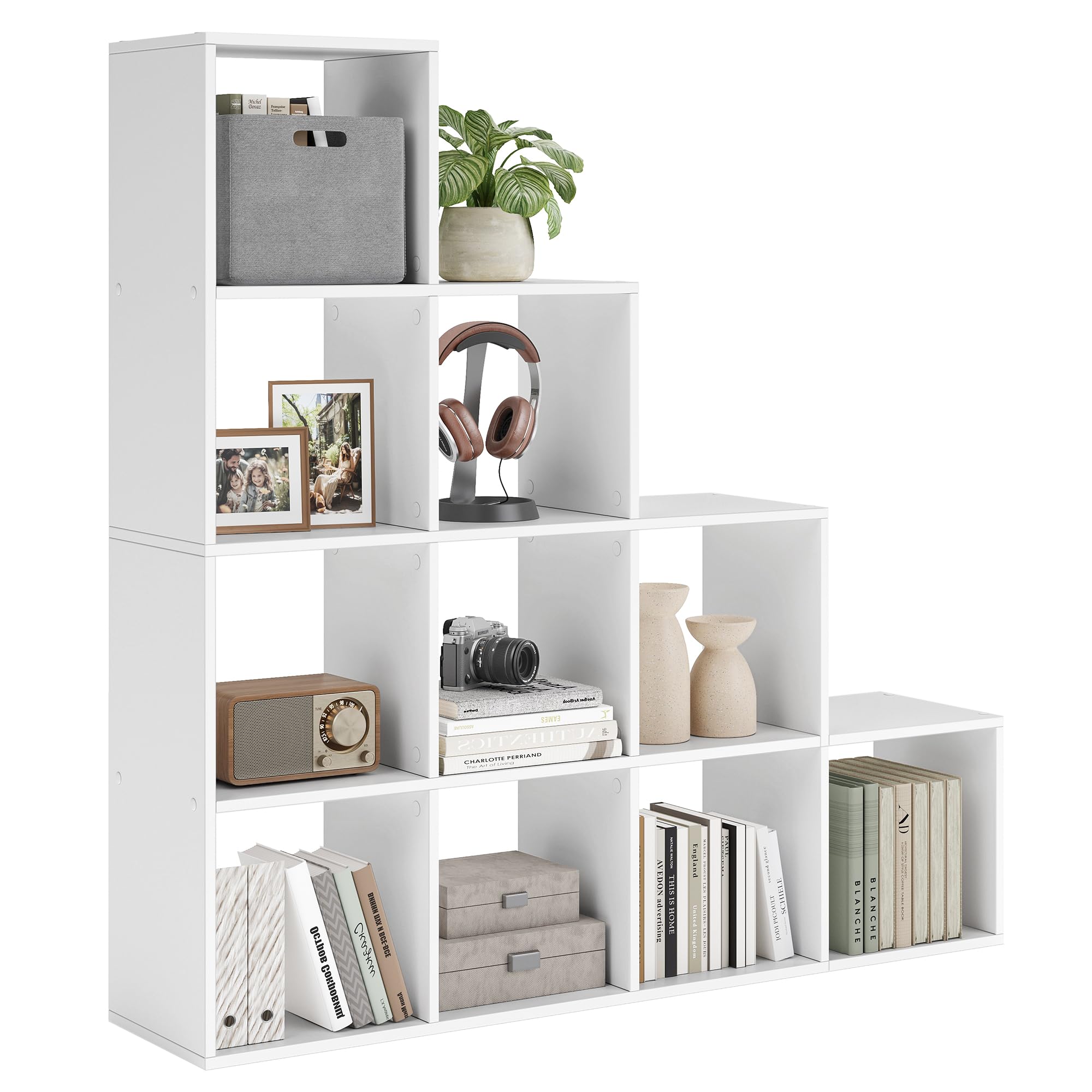 VASAGLE Bücherregal mit 10 Fächern, Regal offen, Stufenregal, Ordnungssystem für Deko, Fotos, Pflanzen, Wohnzimmer, Schlafzimmer, Arbeitszimmer, 29 x 129,5 x 129,5 cm, wolkenweiß LBC10WTV1
