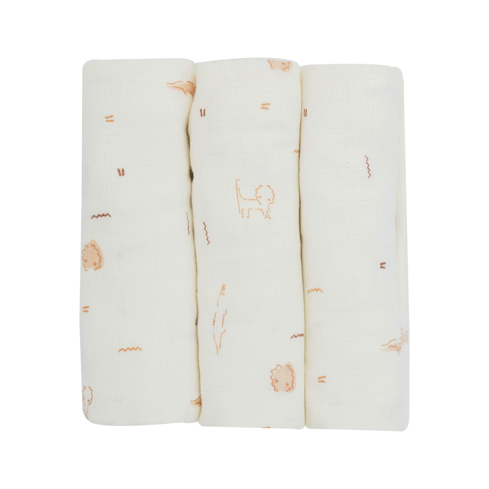 Trois Kilos Sept - Lot de 3 Langes bébé - Carrés de Mousseline Coton 70x70cm - Multi-​usages: Couverture, Doudou, Bavoir, Protection Solaire- Certificié OEKO-​TEX® STANDARD 100 - Motif Savane - Lot de 3