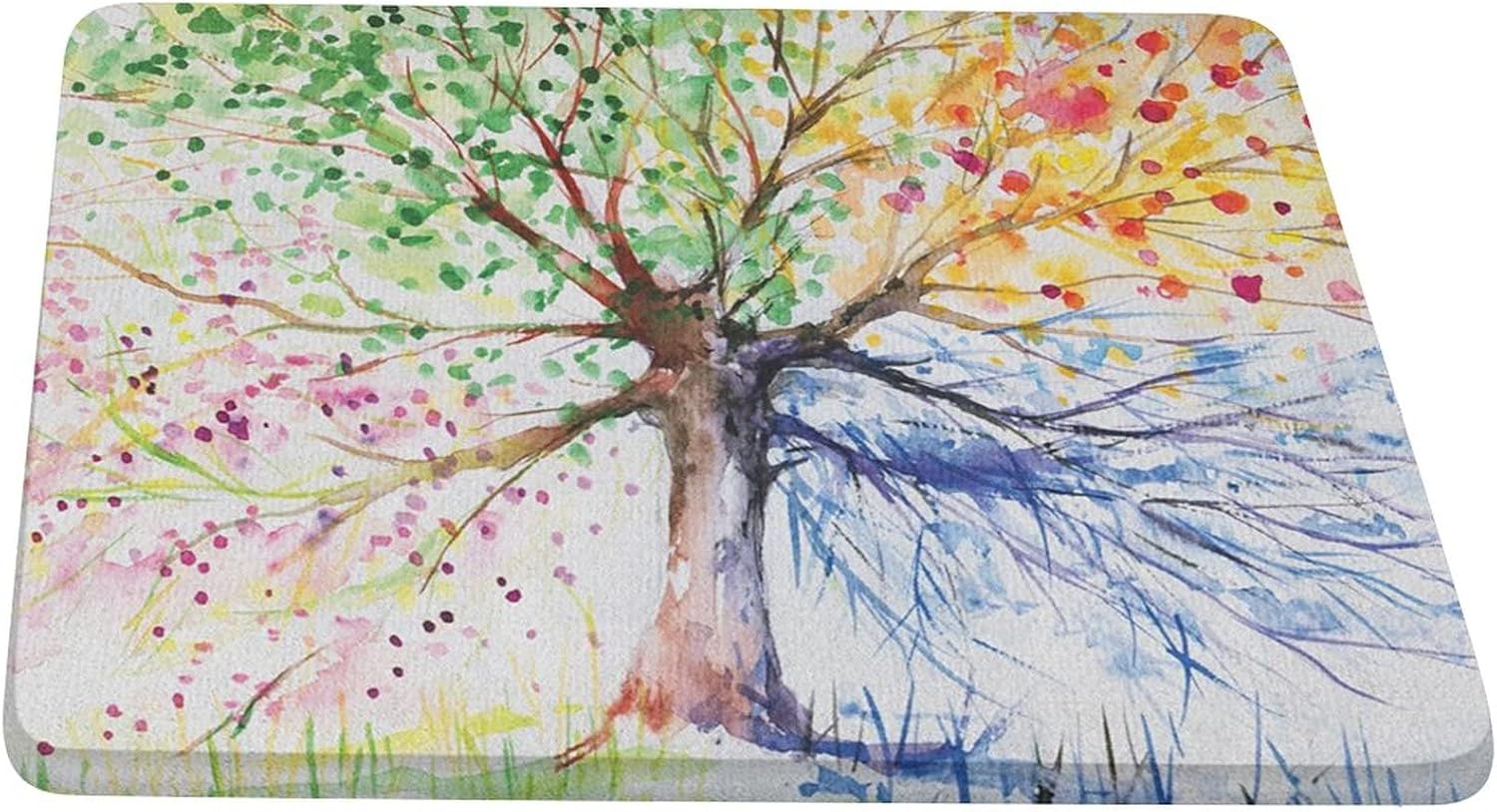 Decorative Fitted Tablecolth for Square Tables, Tree Elastic Table Cover,Watercolor Artistic Tree Colorful Blooming Branches Seasons Print Table Protector, Fit Table up to 46"x46",for Dining Table