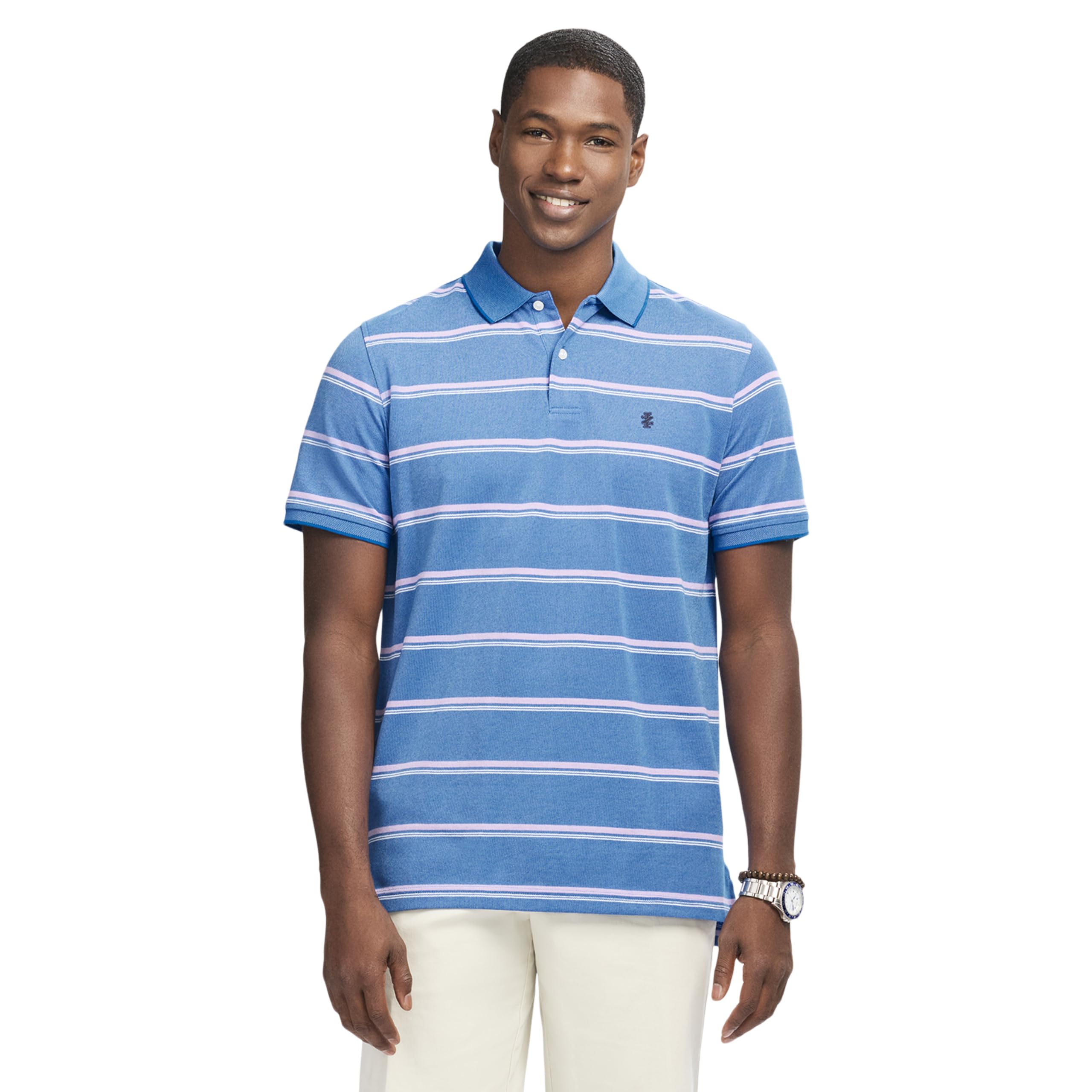 Izod Men's Lapis Blue Stripe Advantage Performance Short Sleeve Stripe Polo Shirt, Xl