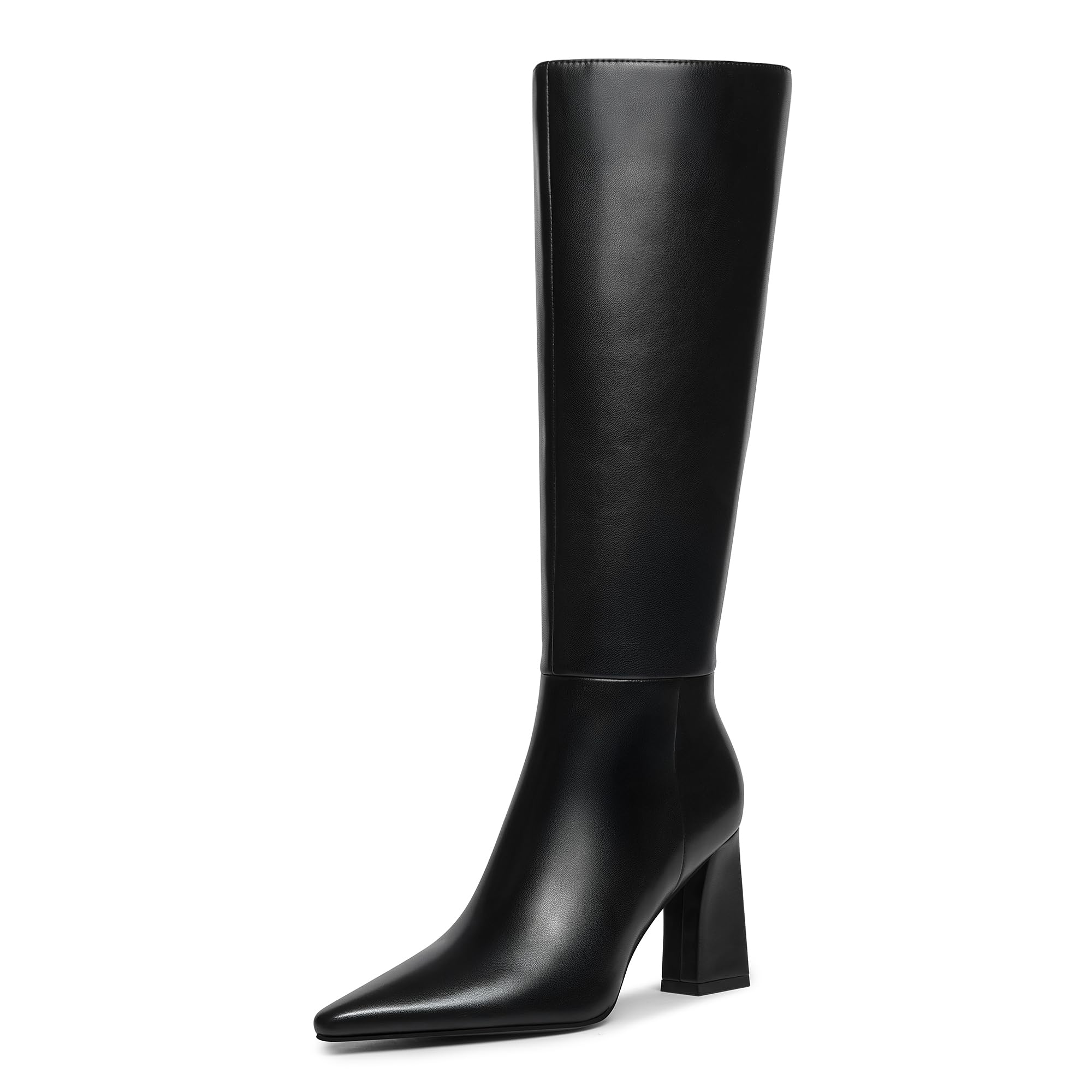 Meolee Knee High Boots for Women Chunky High Heel Long Boots Pointed Toe Leather Boots with Side Zipper