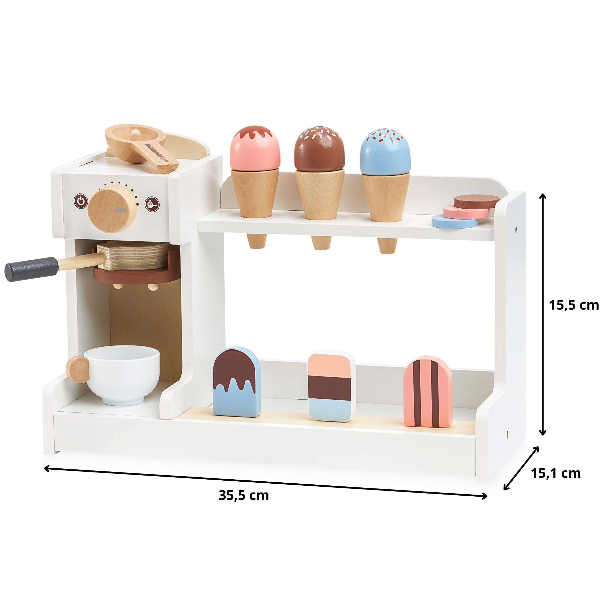 Glacier En Bois Avec Machine à Café Mamabrum – Bar à Glaces Et Expresso Jouet Pour Enfants Dès 3 Ans, Jeu De Rôle Barista Et Chef, Accessoires Inclus, éveil Et Motricité Fine