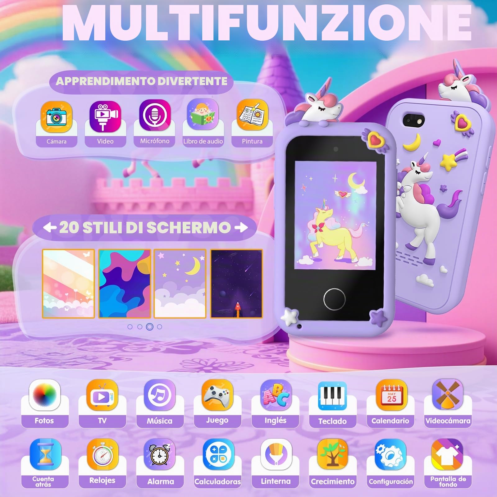 Fippesax Telefono Bambini, 2,8" Smartphone Bambini, Telefono Giocattolo per Bambine con 8GB Card, 20 Giochi Didattici, Doppia Fotocamera, Musicale, Sveglia - Regalo Natale/Compleanno Viola