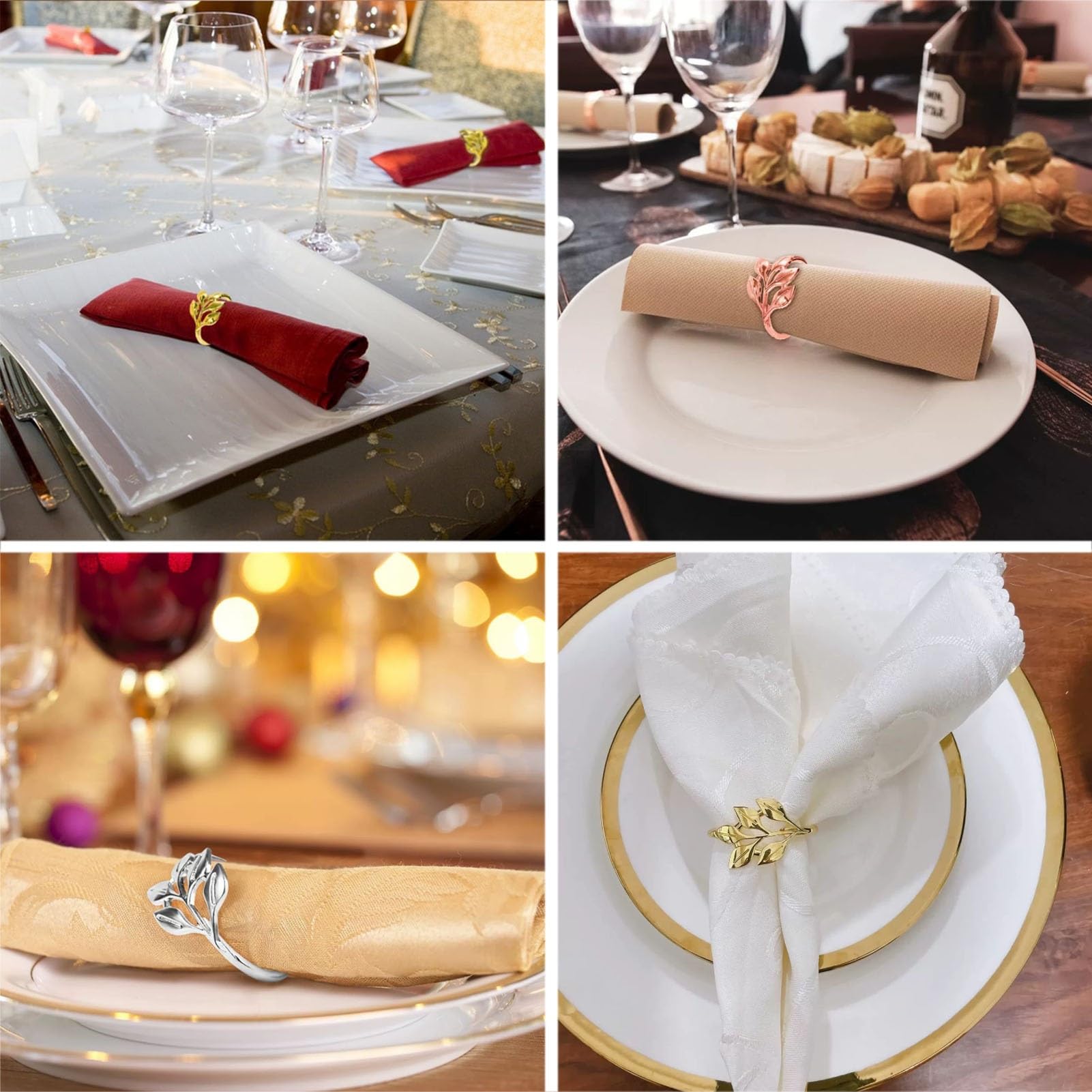 Lot de 300 Ronds de Serviette en métal doré en Forme de Feuille, pour Tables Formelles et décontractées, Mariages, Noël et fêtes(B)