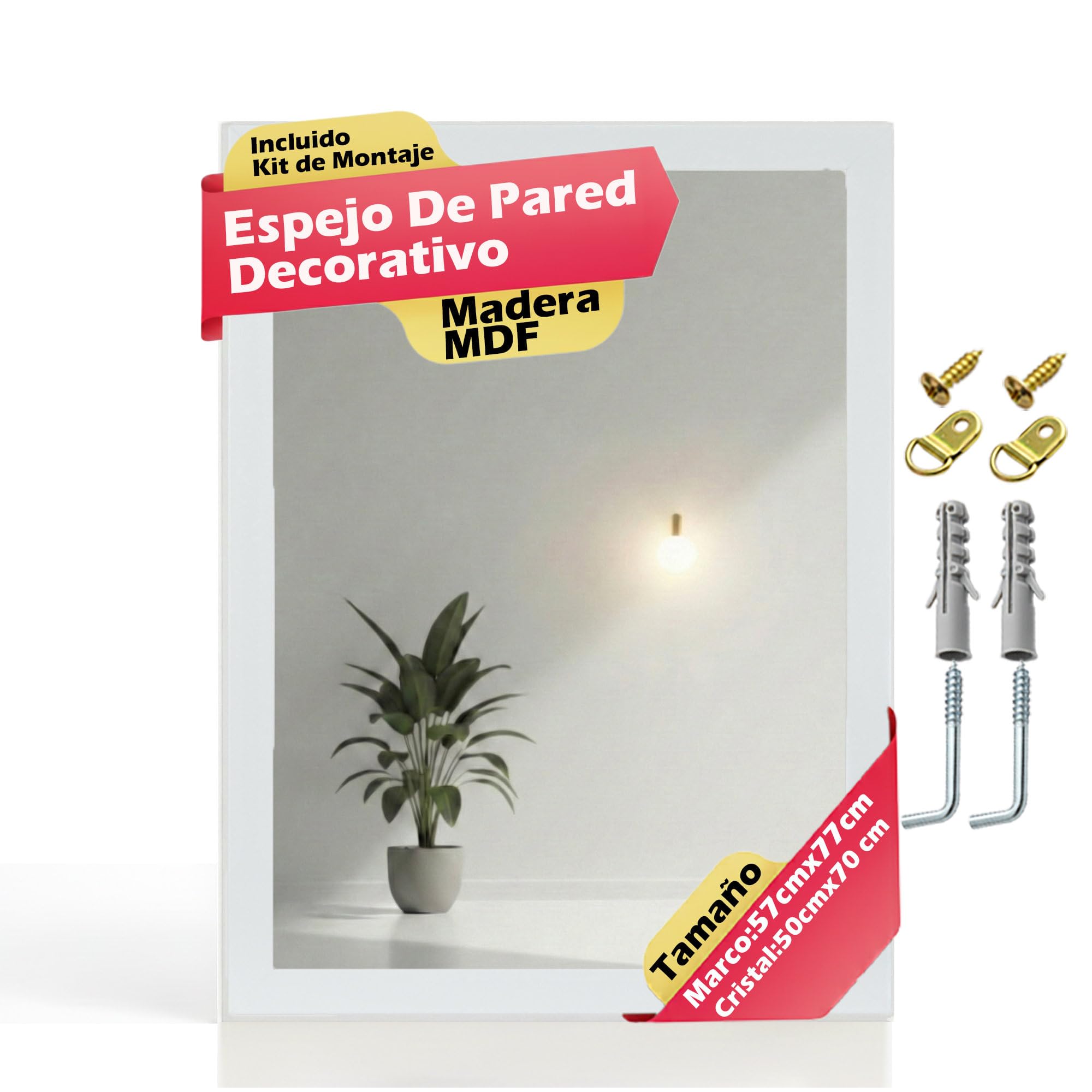 CHELY INTERMARKET MOD128 Espejo Pared Vertical Decorativo Grande Estilo Moderno Marco Madera Cuerpo Entero Elegante 50x70 cm Blanco Liso Ideal Recibidor Dormitorio Baño Incluye Kit Montaje