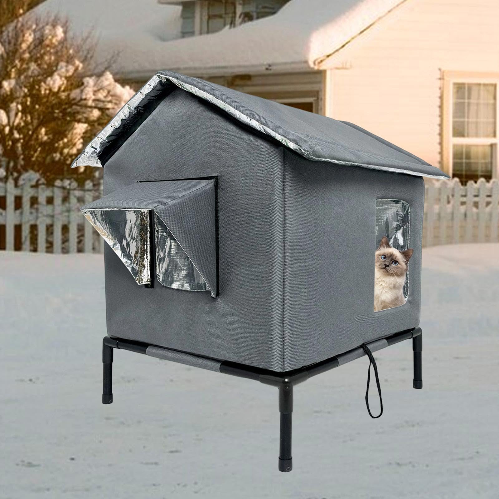 Niche pour Chat d'extérieur, abri Portable et étanche avec Support surélevé pour Porche ou Grange, Gris Foncé, L