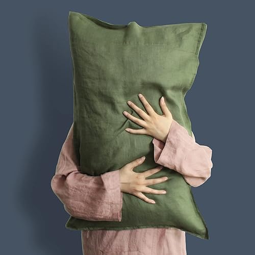 Miniatura 3 de Juego de 2 fundas de almohada 100% lino francés, tamaño Queen (20 x 30 pulgadas), color sólido lavado a la piedra, suave y transpirable (verde