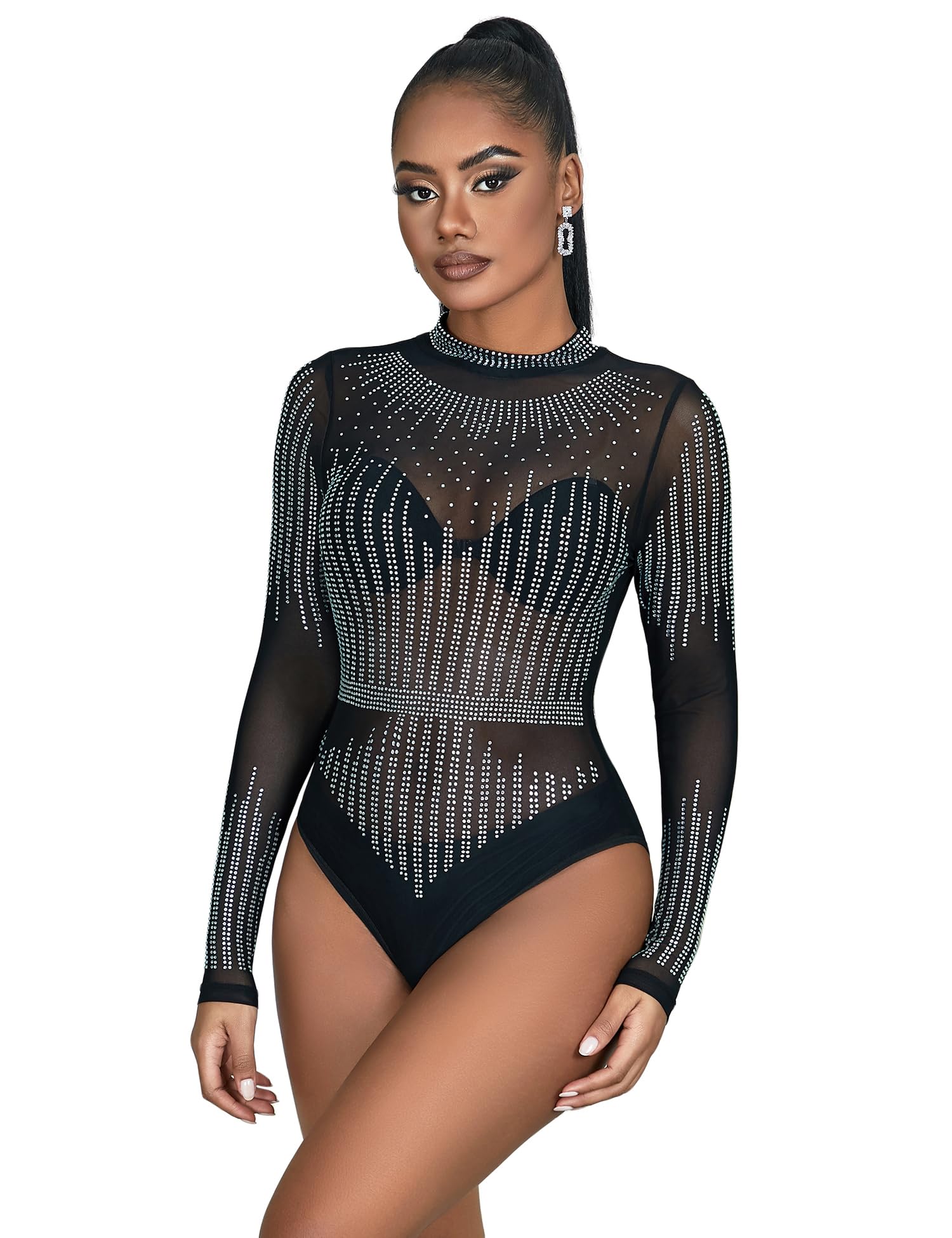 comeondear Lingerie Sexy Encaje Mujer Body Manga Larga Talla Grande Leotardo Tops Negro Bodysuit Casual Bodis Elástico