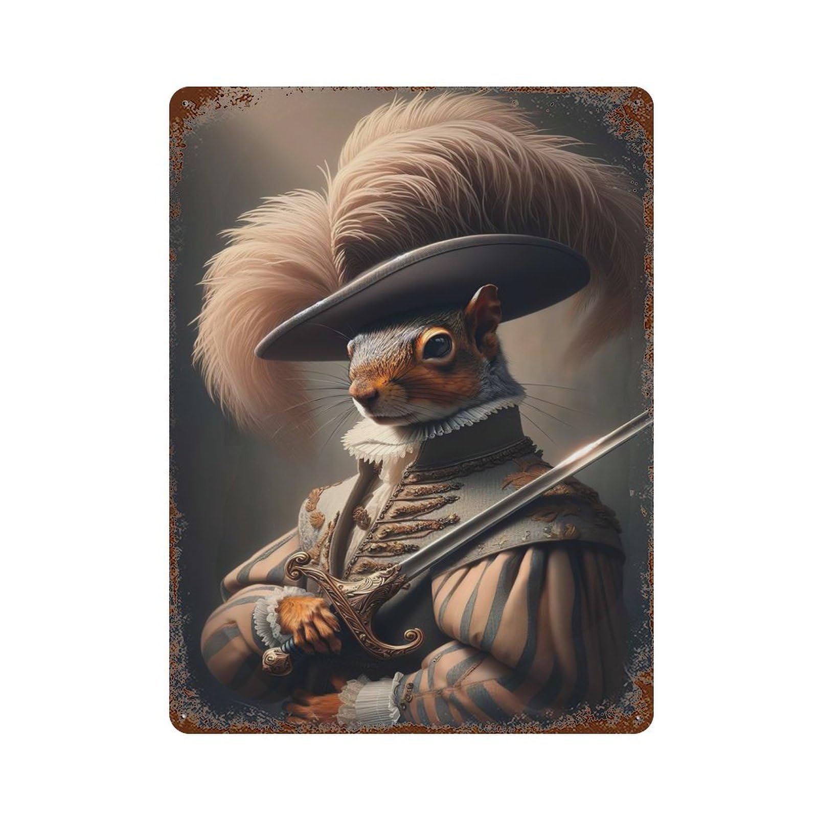 Squirrel As A Musketeer Rust Effect Tin Sign 15.7"x11.8", Farmhouse Wall Decor for Farmhouse, Kitchen And Entryway Decor