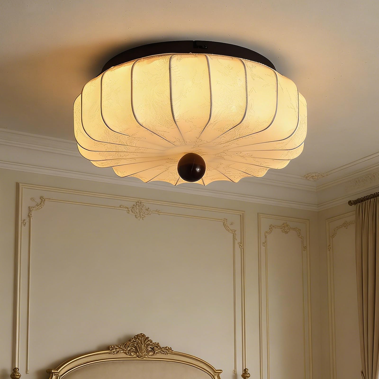 meibeileil Round Lantern Ceiling Lights White Wabi-Sabi,Φ40cm Fabric Lampshade Kitchen Lights Ceiling,Beige Graphic Printed Dimmable 3000-6000K Ceiling Lamp with Remote Control for Living Room.