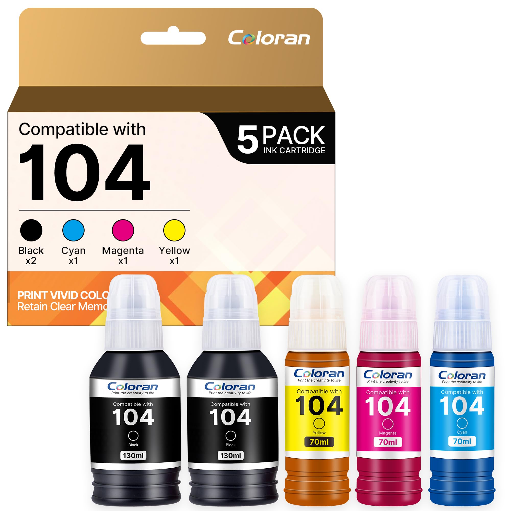 Coloran 104 Inchiostro Compatibile con Cartucce Epson 104 Ecotank Multipack per ET-5150 ET-1810 ET-2726 ET-2810 ET-2811 ET-2812 ET-2814 ET-2815 ET-2820 stampante (Nero Ciano Magenta Giallo, 5-Pack)
