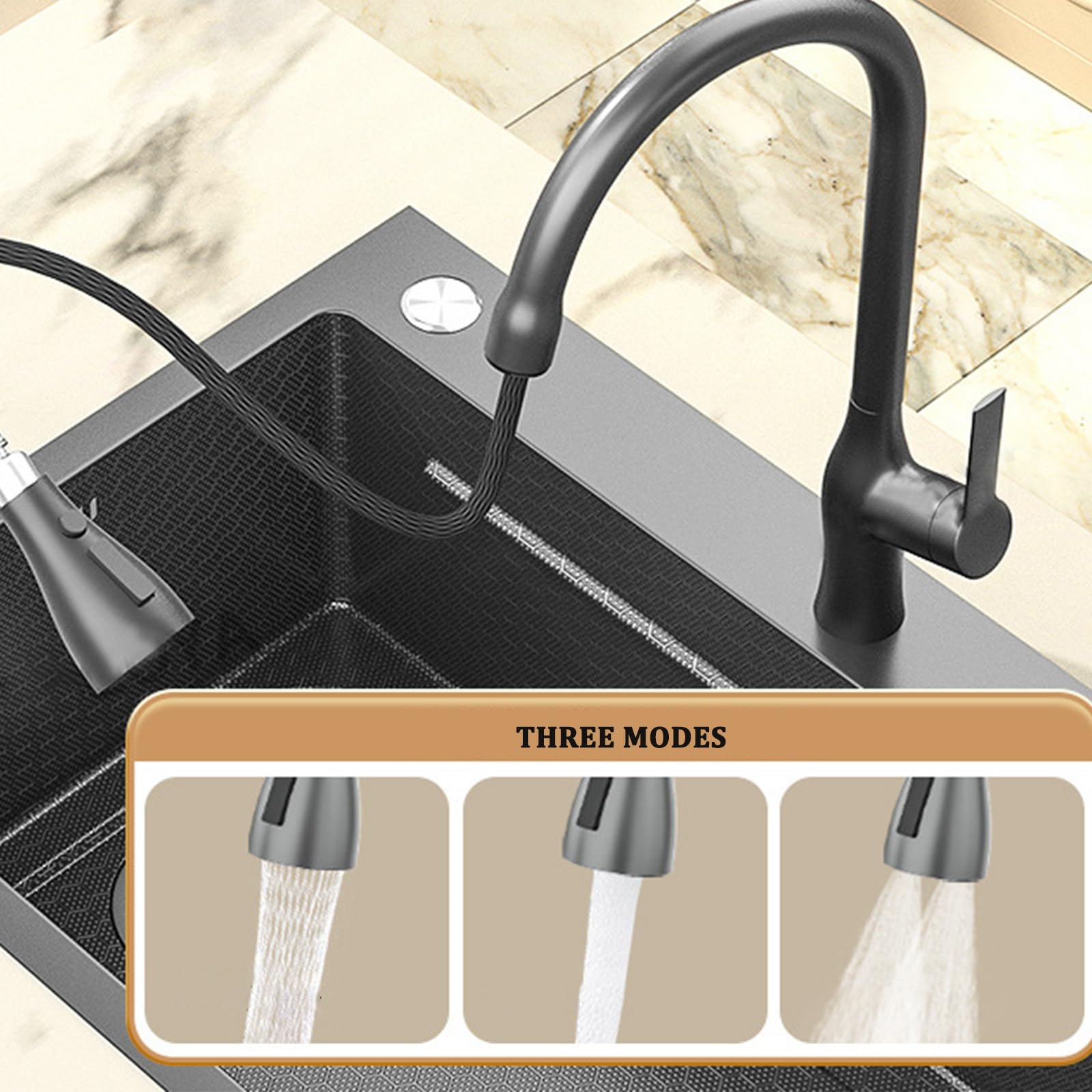Fregadero de cocina de un solo tazón negro de acero inoxidable 304 con grifo extraíble, drenaje lateral izquierdo, kit completo de instalación incluido (60 x 45 x 22 cm)