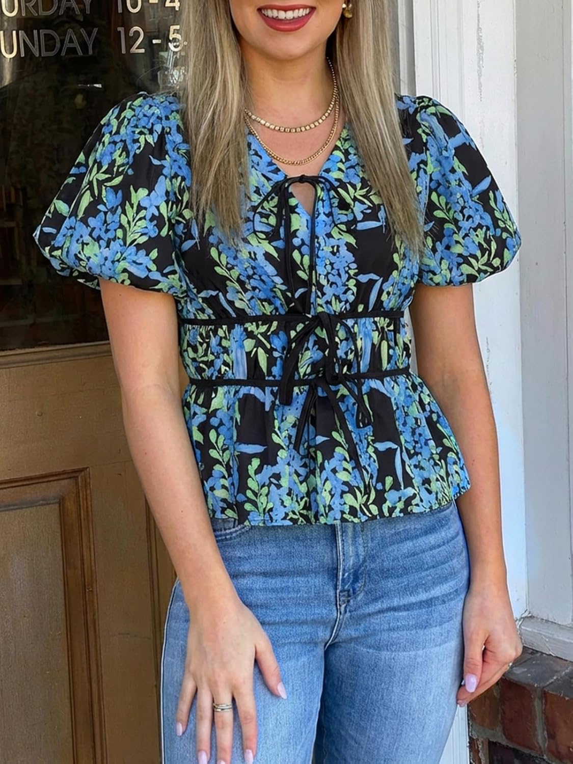 Cicy Bell Womens Puff Sleeve Tie Front Tops Summer Babydoll Peplum V Neck Blouse Casual Dressy Pleated Floral Print Shirts - Image 3