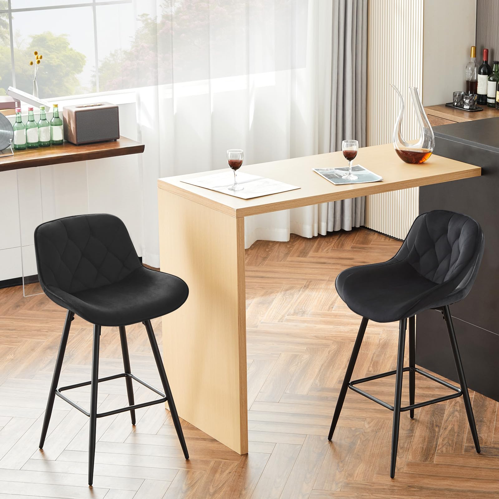 EUGAD Taburetes Altos de Cocina con Respaldo, Negro | Set de 2, para Bar y Cafetería, Terciopelo