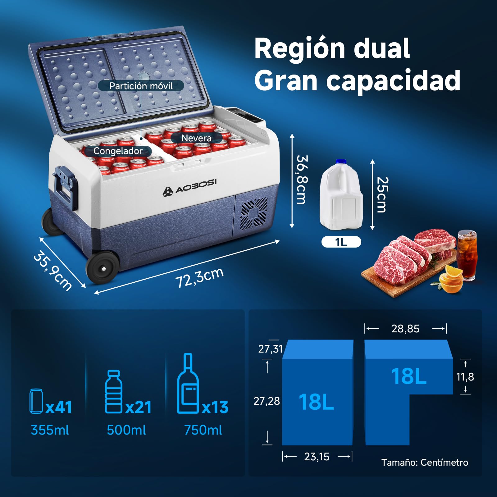 AAOBOSI 36l Nevera Portatil con Ruedas, Nevera Compresor Doble Zona con APP y Puerto USB, Nevera Camping 20 °C a -20 °C, 12/24V DC,100-240V AC, para Hogar, Camping, Viajes, Coche, Barco y Autocaravana