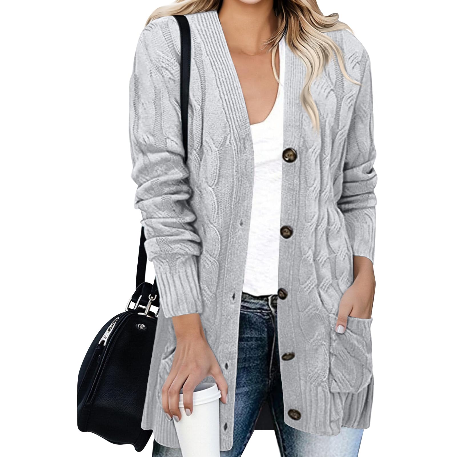 Strickjacke Damen Mit Taschen Strickmantel Knöpfe Winterjacke Casual