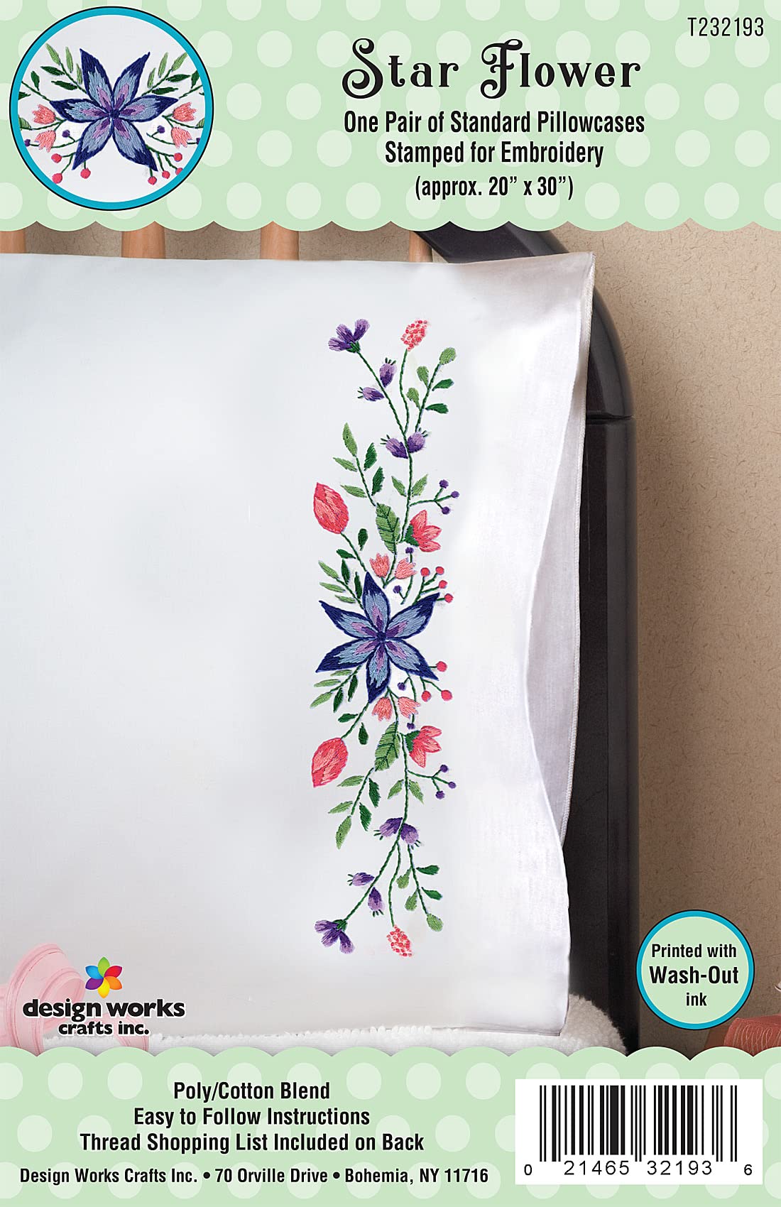 Design Works Crafts Flores de estrella estampadas para fundas de almohada bordadas, color blanco 2