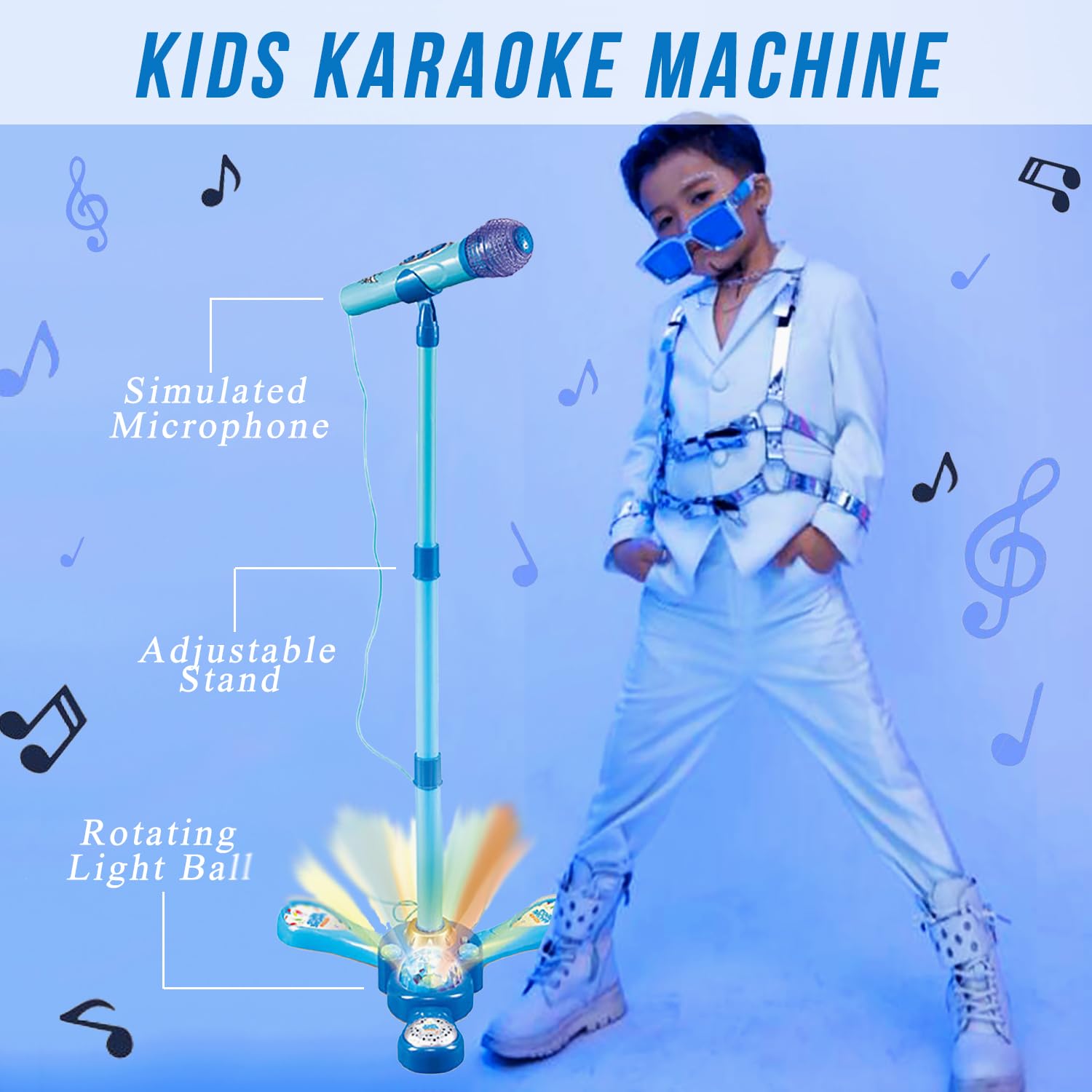 Máquina de karaoke para niños con soporte ajustable, micrófono para niños, música cantando junto con luz intermitente de escenario y pedales, regalo para niños (azul) 2