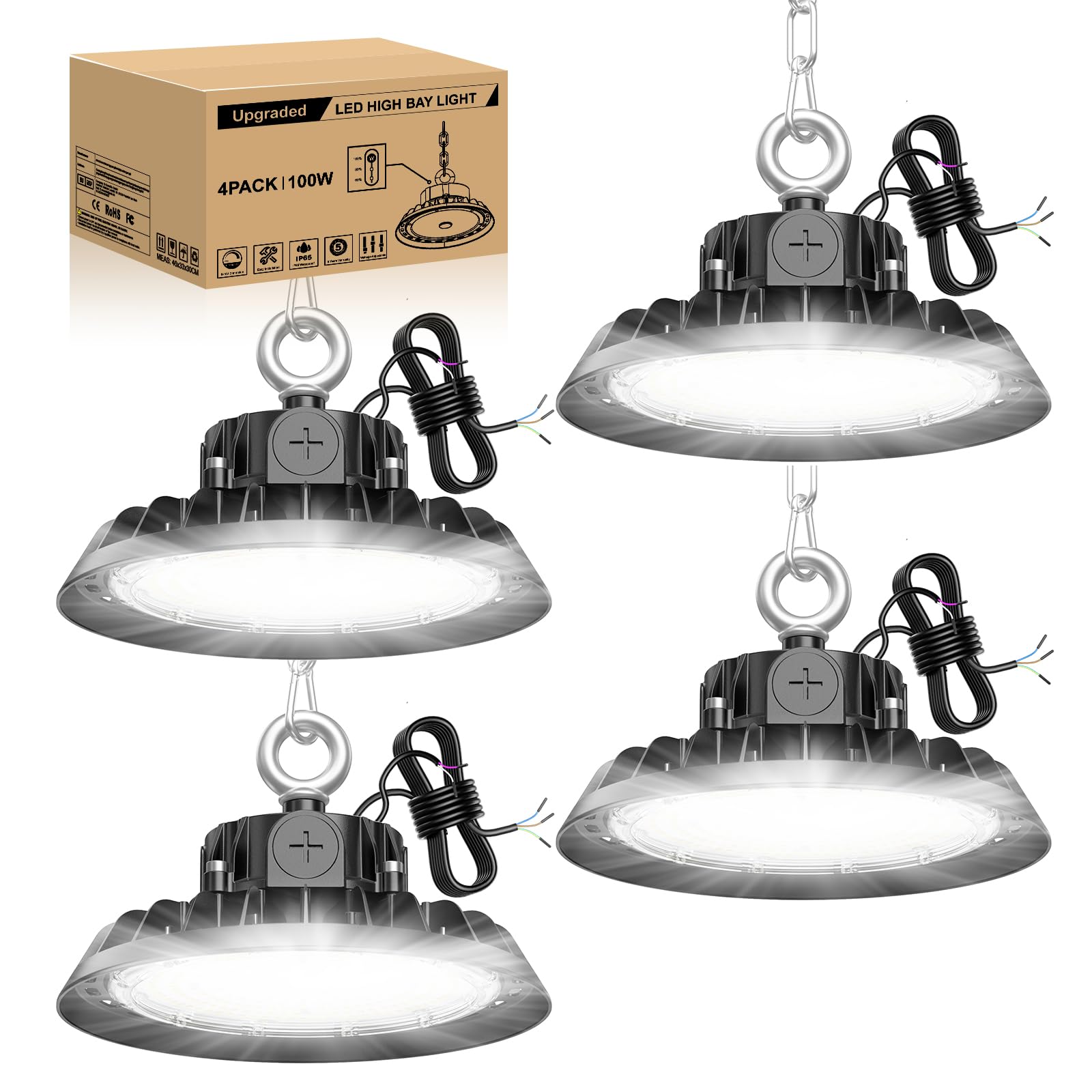 4 pack UFO 100W LED High Bay Projecteur Garage Light 17000LM LED Éclairage pour Atelier Dimmable 60W/80W/100W Éclairage Lampe Industrielle IP65 Étanche Plafond 120° pour Atelier Entrepôt