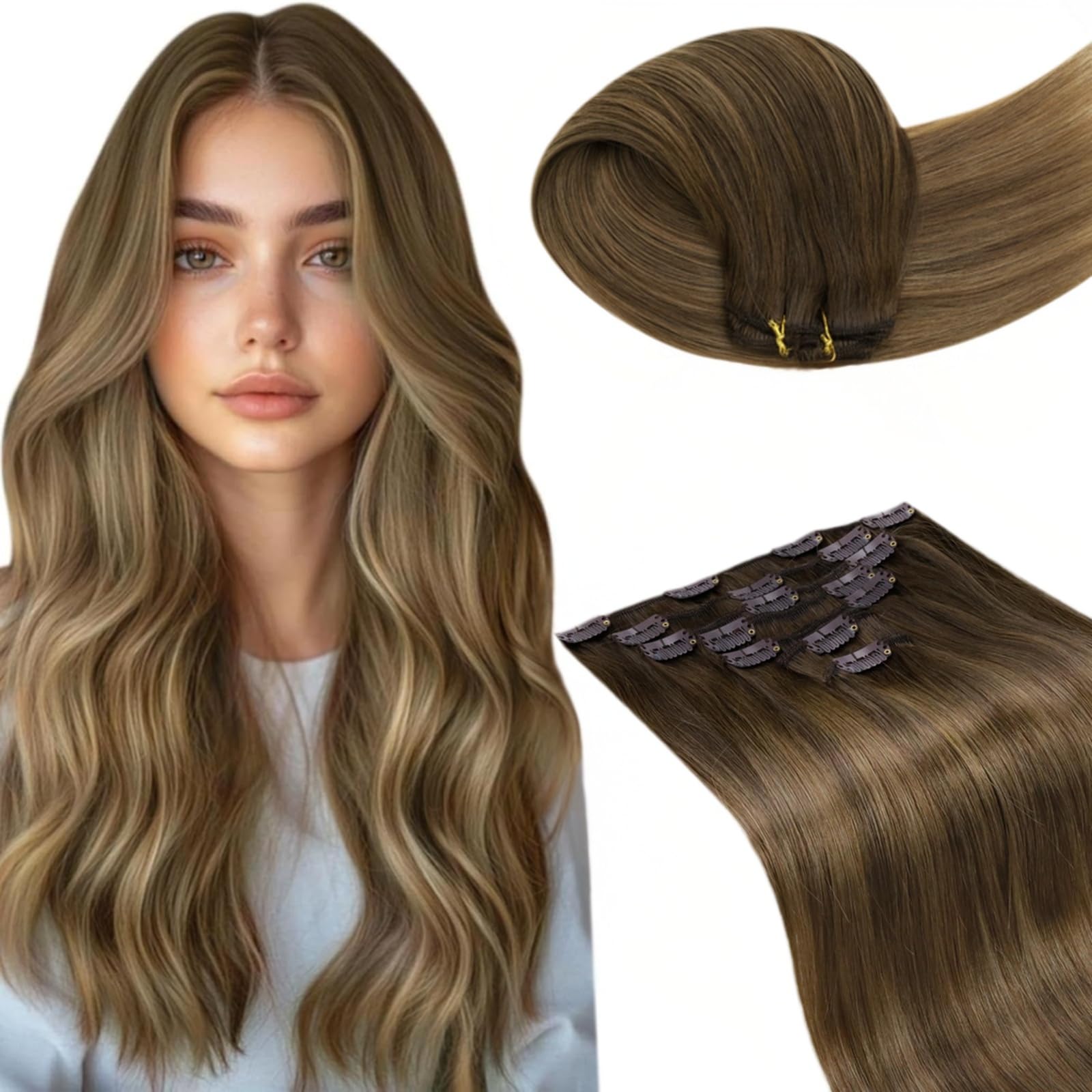 LaaVoo Echthaar Extensions Clip Aschiges Hellbraun mit Beigenuancen Clip in Extensions Echthaar fur Kompeltte 45cm 120g 7pcs #6/8/14
