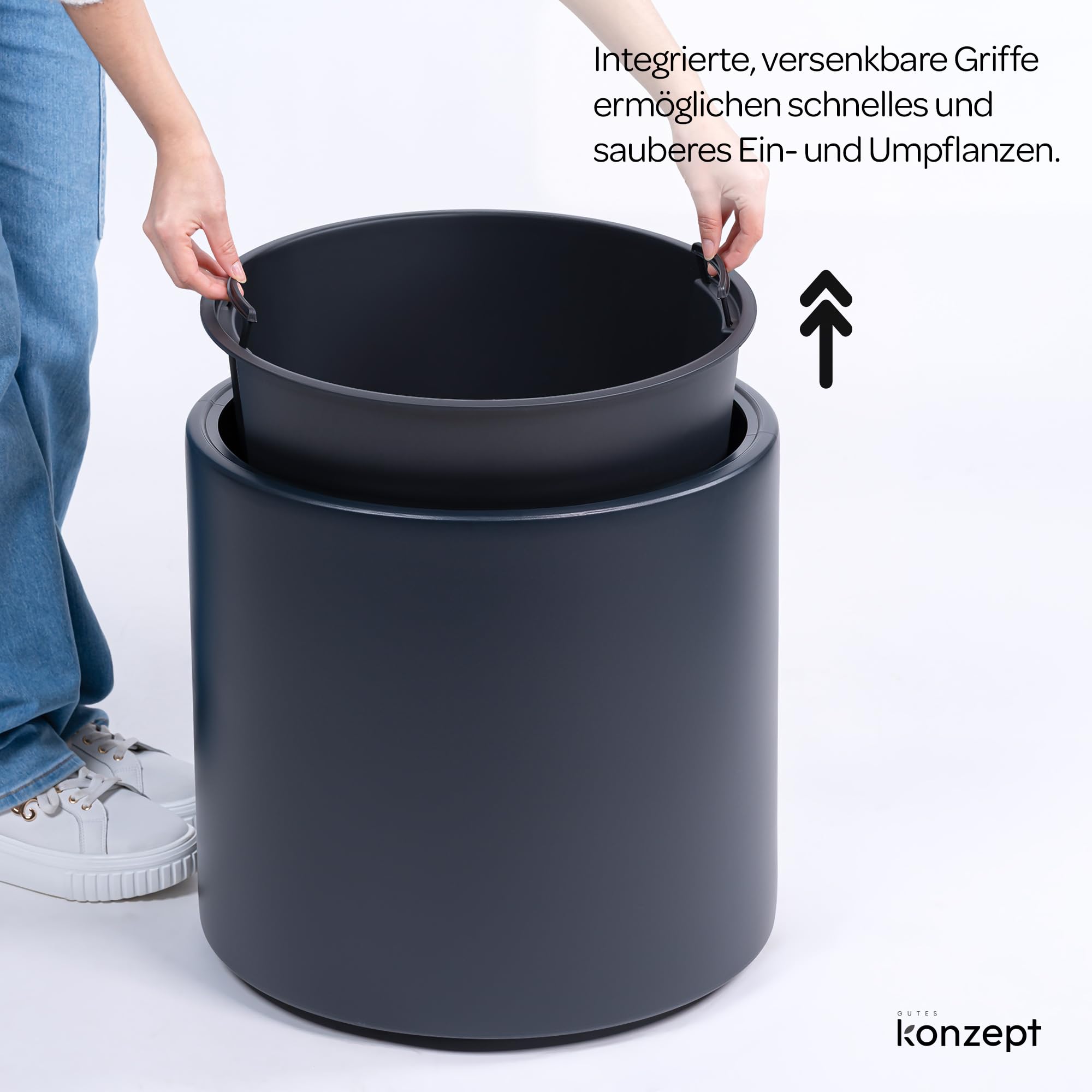 KONZEPT Pot de fleurs de 47 cm de diamètre avec insert - Grand pot extérieur 74 l - En plastique - Résistant aux UV et au gel - Résistant aux rayures - Pour l'intérieur, balcon, terrasse et jardin