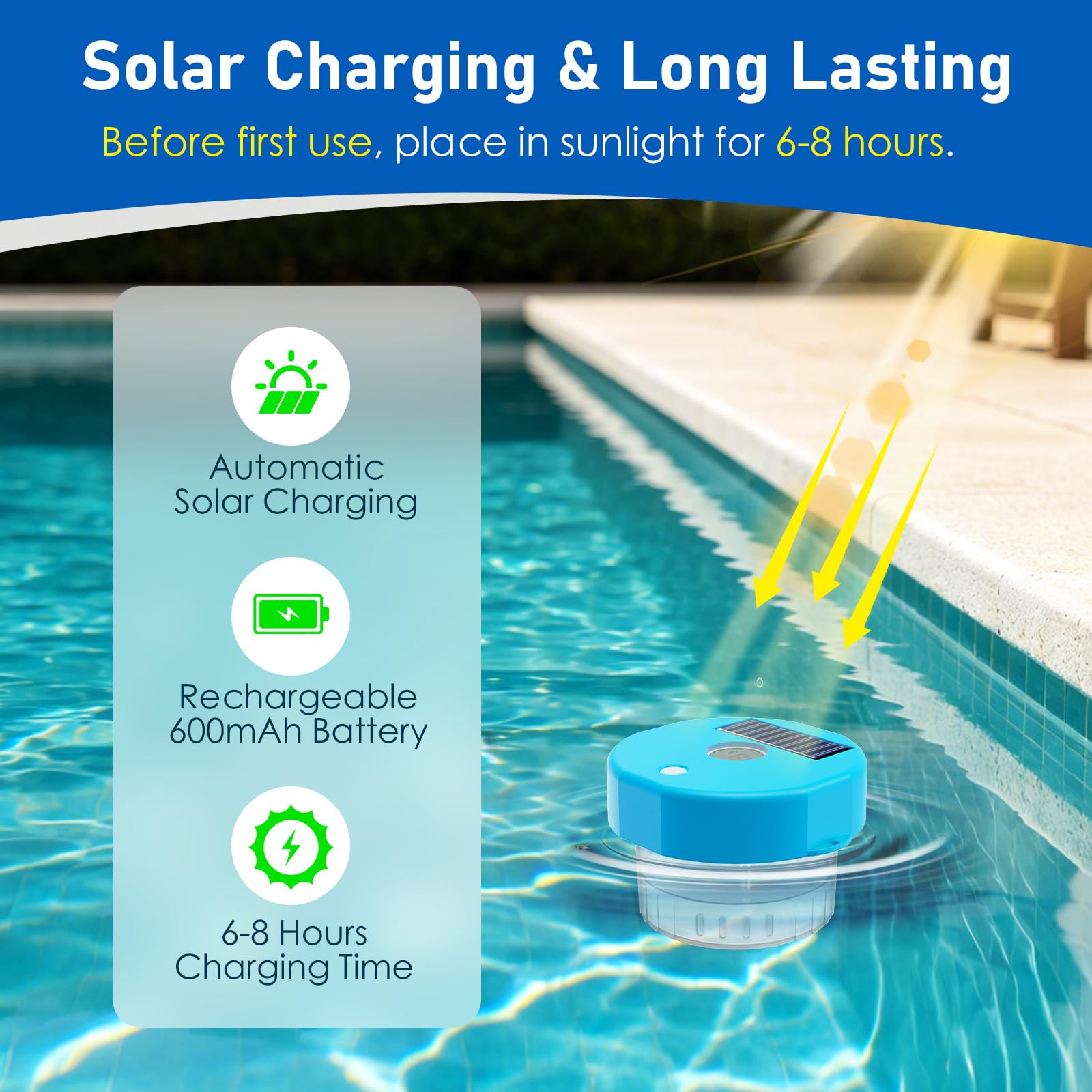 Pool Thermometer Solar Pool Thermometer mit Dosierschwimmer Pool, Digitalanzeige, 600mAh Akku (72H), – für Schwimmbäder, Spas und Whirlpools