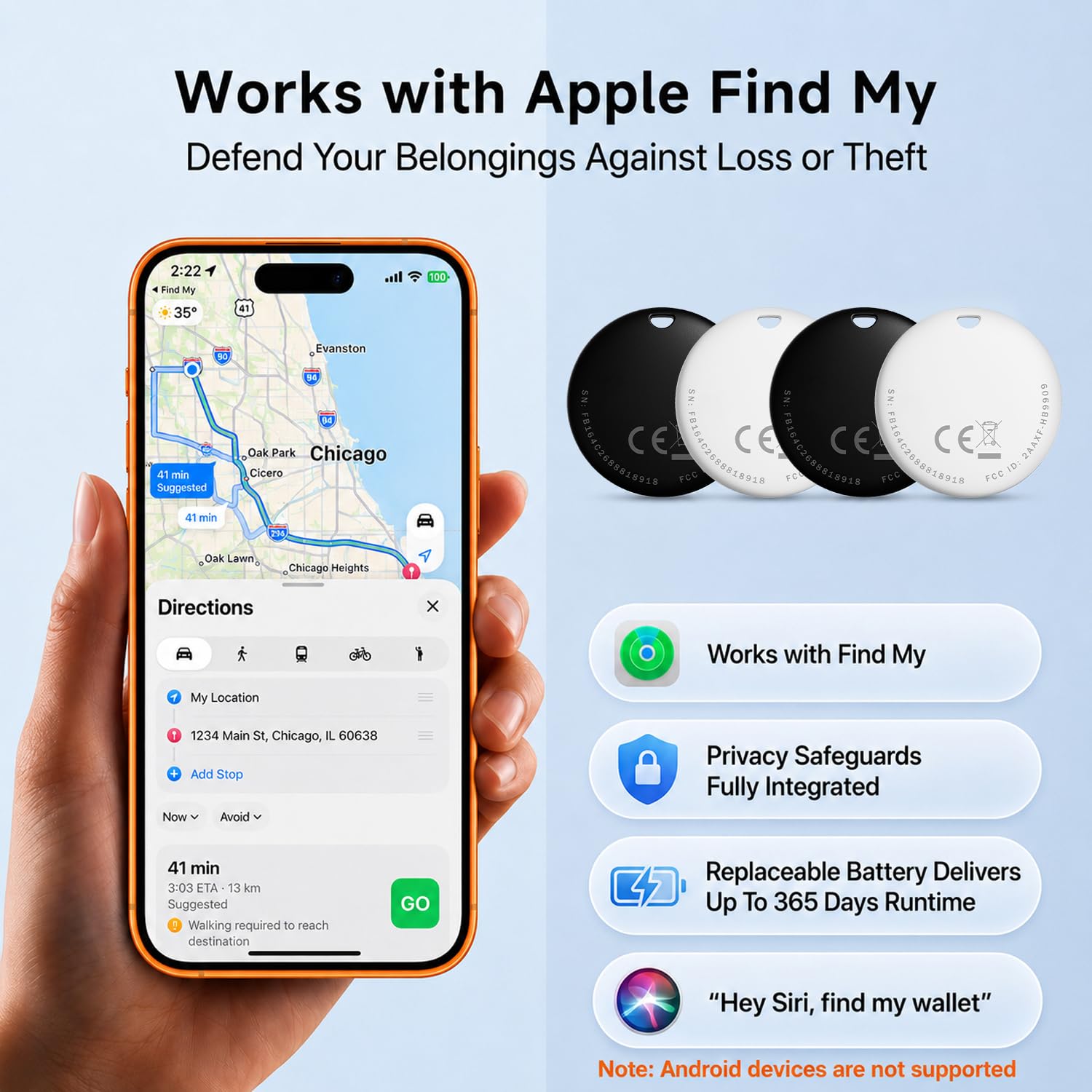 Traqueur Bluetooth intelligent avec batterie remplaçable, localisateur d'articles compatible avec Apple Find My (iOS uniquement), étiquettes intelligentes pour clés, portefeuille, bagages – 2 + 2