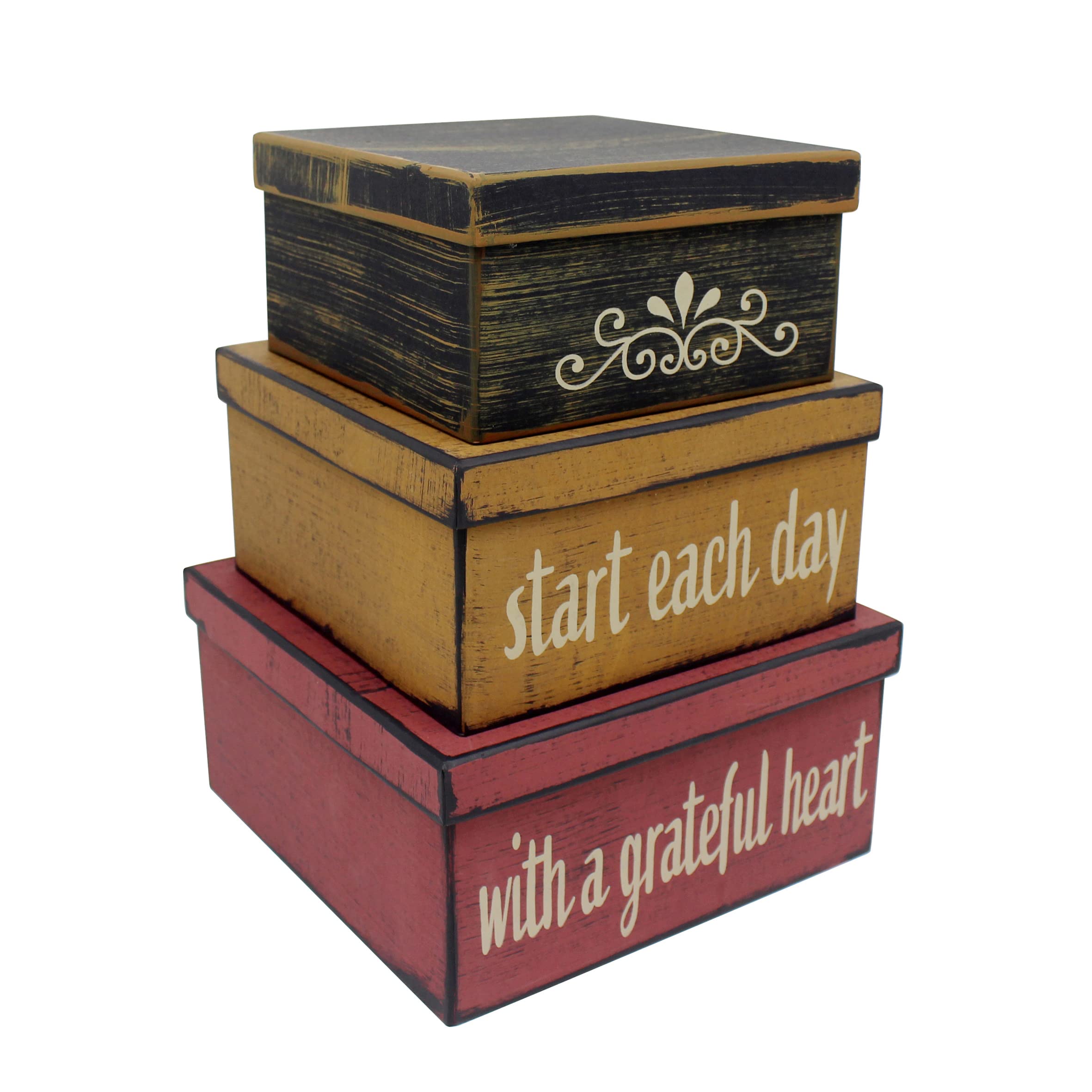 CVHOMEDECO.Farmhouse Square “Start Each Day with A Grateful Heart” Cardboard Nesting Boxes for Photos Memories Keepsakes, Large 9 X 9 X 4-1/2 Inch. Set of 3.