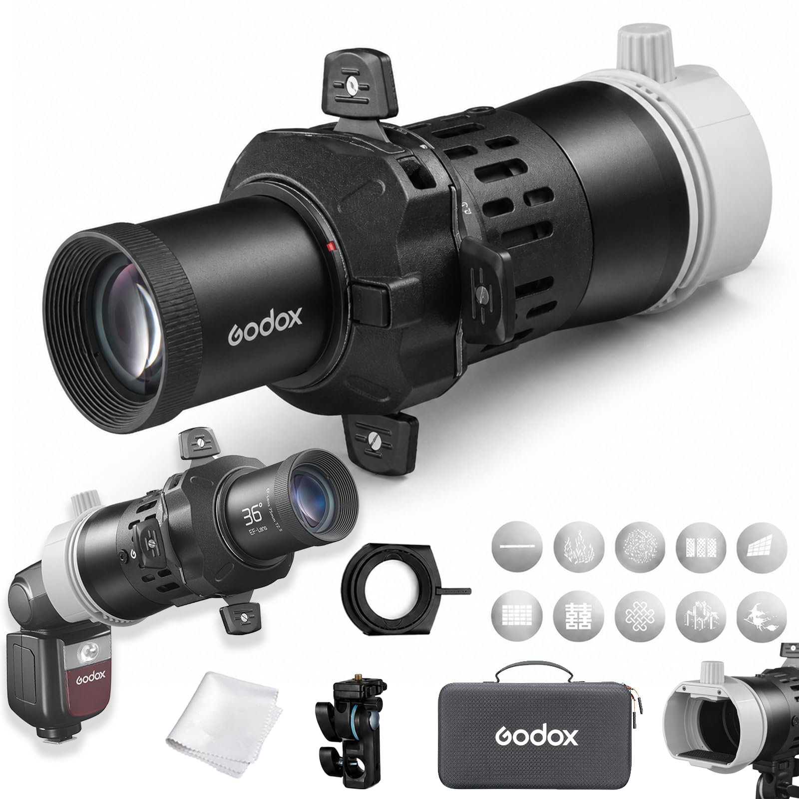 Godox FP-M-36 Flash Projector, Square-Head Flash Projection Attachment with 36° Lens, Compatible with V860III V860II V850III TT685II TT600 TT520 V480 AD200Pro Square Head, for GOBO Portrait Lighting