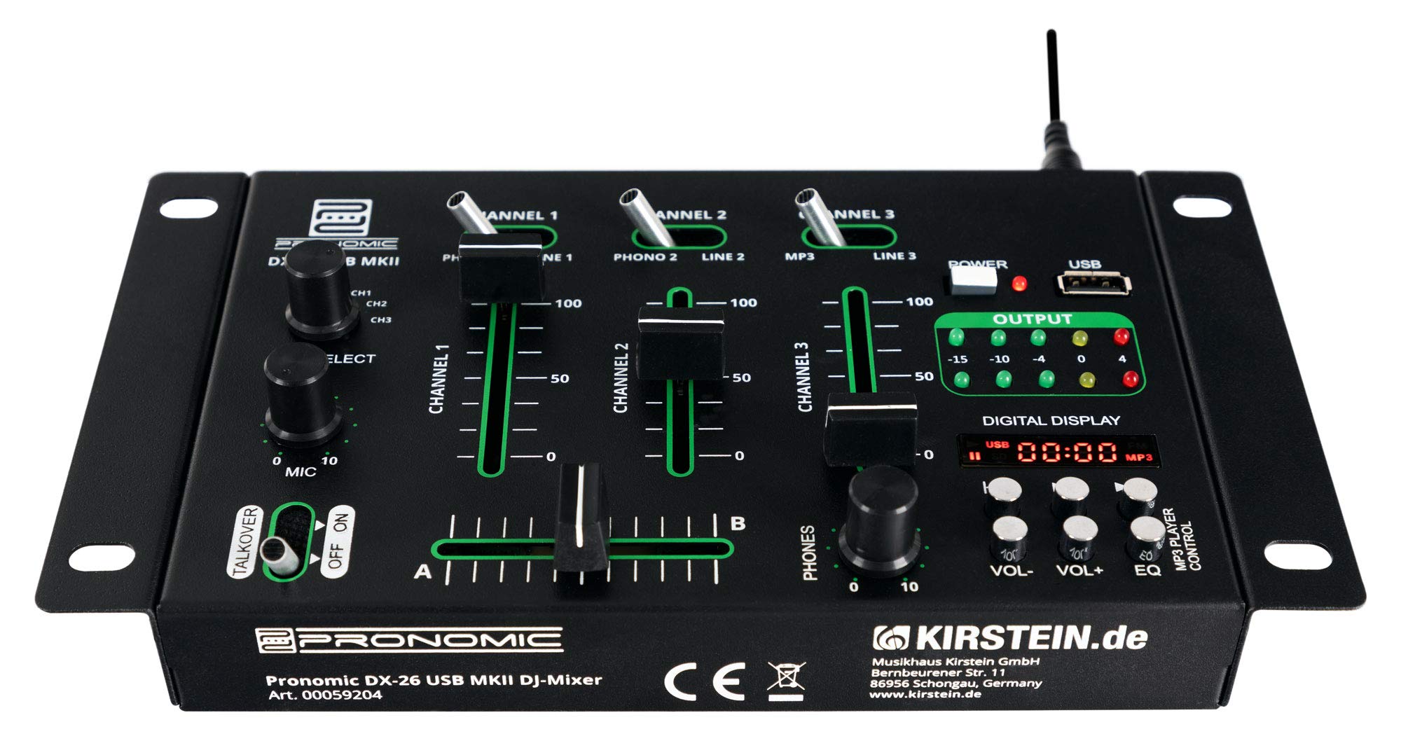 Pronomic DX-26 USB MKII DJ-Mixer, Mezclador DJ de 3 canales, Función Cue | Faders Ultraglide súper suaves de 45mm, Diseño de ruido extremadamente bajo, Construcción robusta, Salida de auriculares de 6