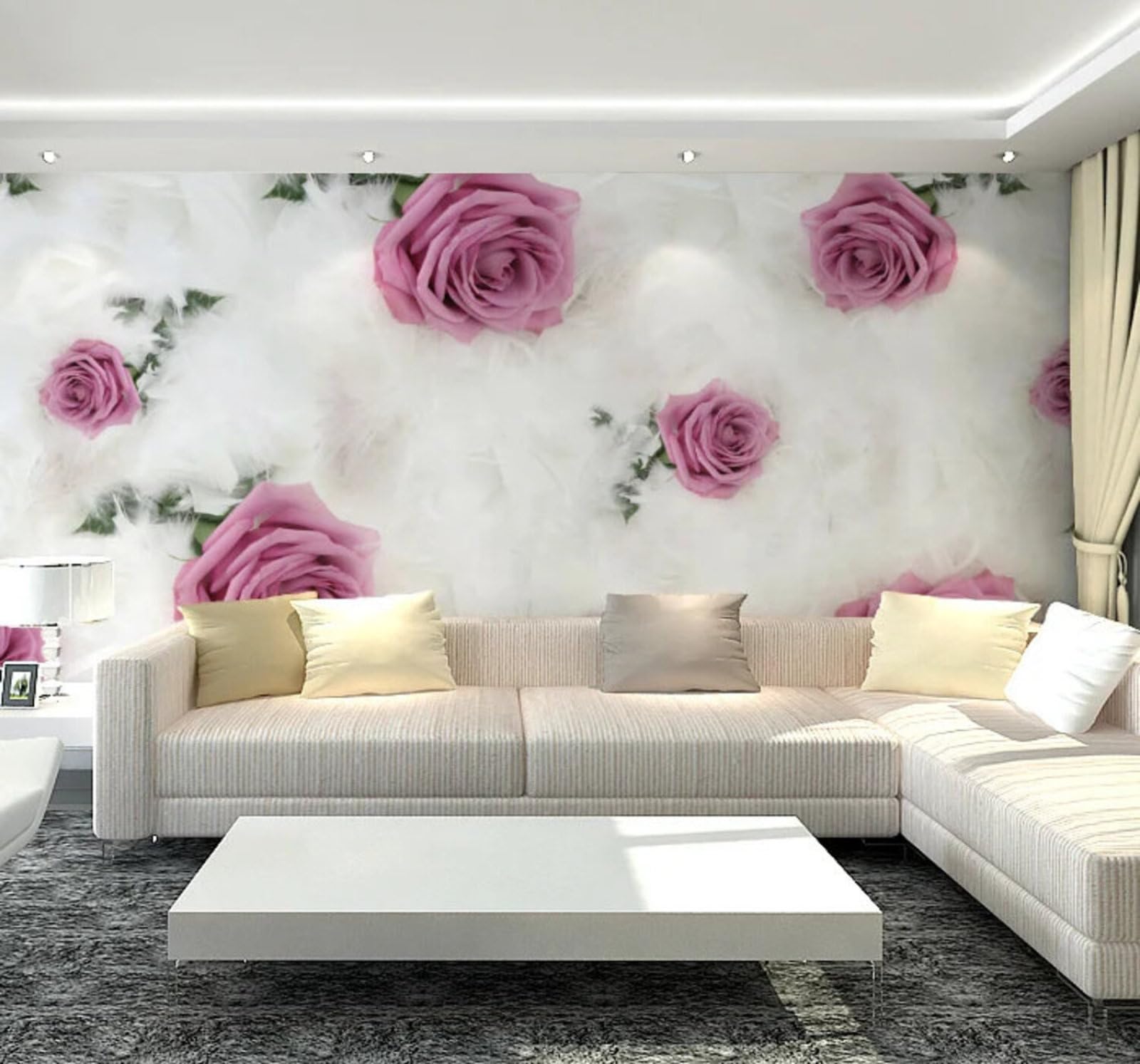 Tzxztt Minimalist Ethereal Feathers Romantic Purple Rose Modern 3D Wallpaper Premium Textured Silk Neutral Tones Material Ideal for Living Room Bedroom-200cm×140cm