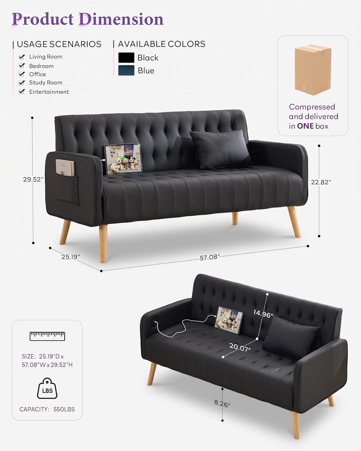 TYBOATLE 57" Faux Leather Loveseat Couch, Mid-Century Modern Comfy Office 2 Seater Sofa Couch with USB & Pockets, Small Love Seat Mini Couches for Living Room, Apartment, Bedroom (Black, 1)