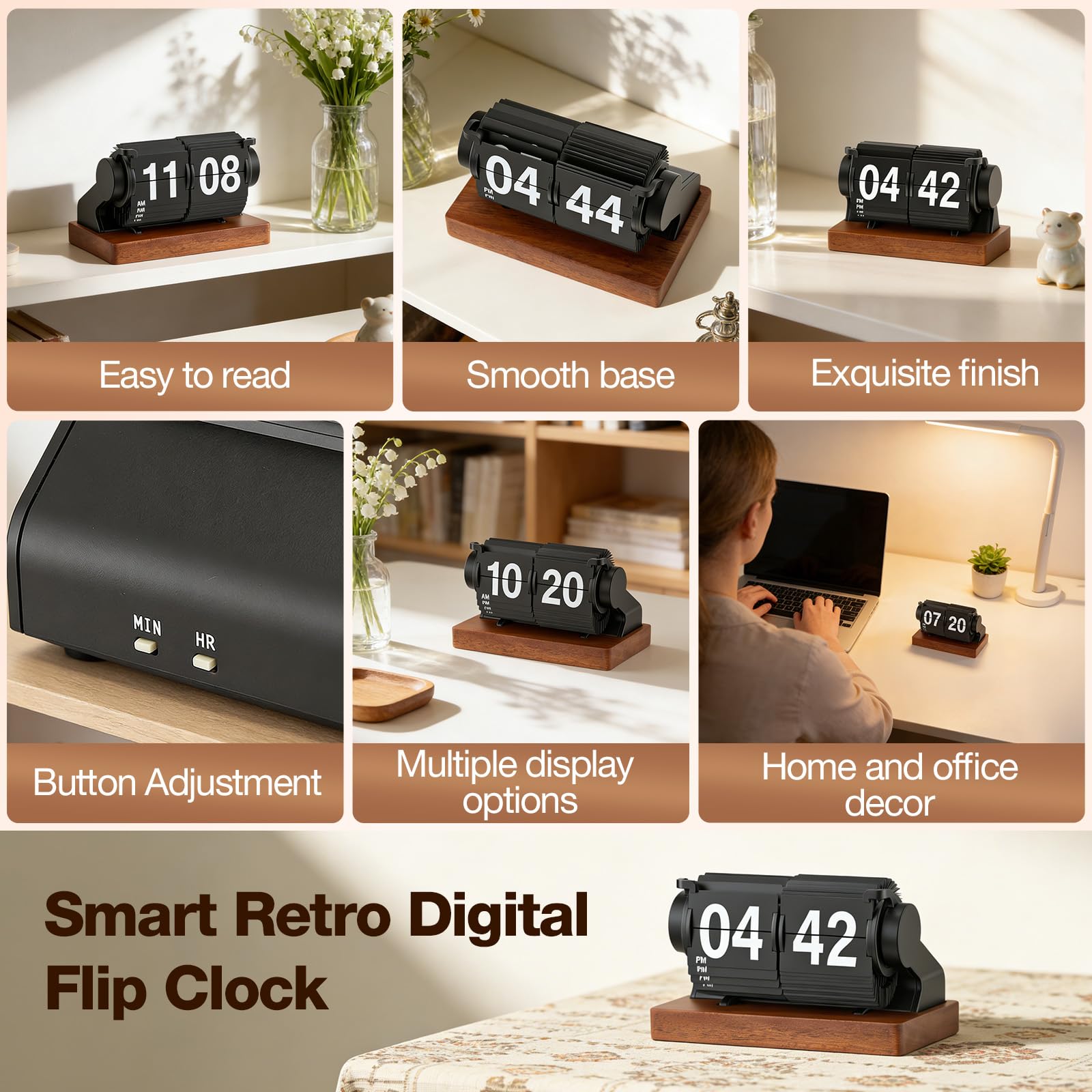 Reloj retro con tapa digital giratorio automático a pilas de madera para escritorio decoración hogar oficina
