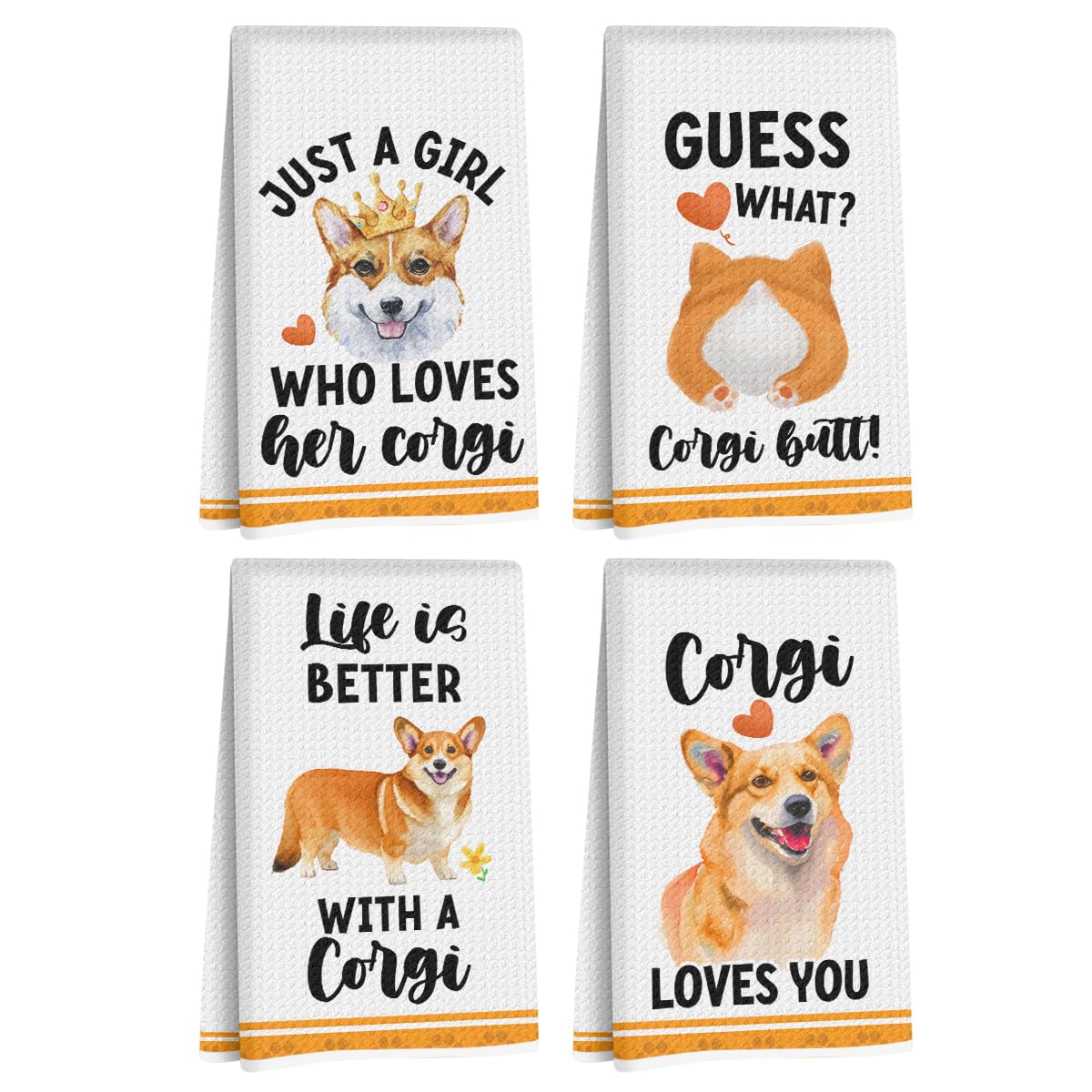 4 Pcs Funny Corgi Kitchen Towels 24x14 Inch, Corgis Decorative Waffle Weave Dish Towels, Dog Hand Tea Towels for kitchen Home Farmhouse Bathroom Decor, Corgi Gifts for Women Mom Friend Grandma