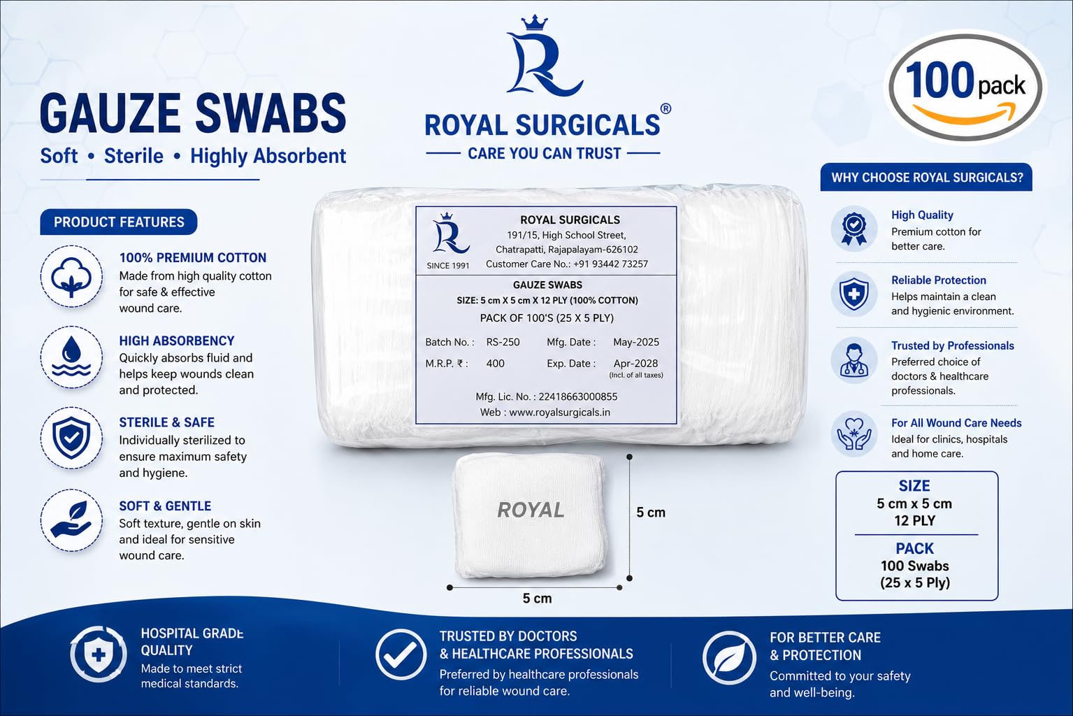 ROYAL SURGICALS Gauze Swabs 5cm x 5cm, 12-Ply (Pack of 100) - Soft, Absorbent Cotton for Wound Cleaning, Makeup Application & Medical Use 2