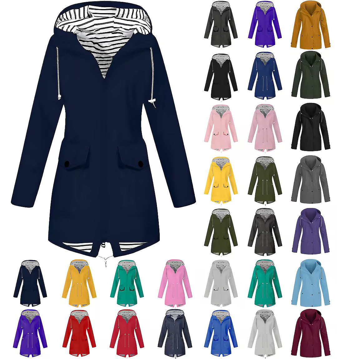 Regenjacke Damen Einfarbig Wasserdichte Softshelljacke Gefüttert mit Gestreift Stanzjacke Atmungsaktive Übergangsjacke Frühling Herbst Leichte Kapuzenjacke Reißverschluss Outdoorjacke S-5XL