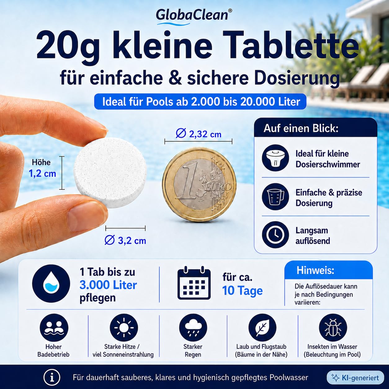 Multitabs für Pool 5 in 1 – 20g (5kg) - Hochwirksame Chlortabletten für Pool – Langzeit Chlor Tabs zur Algenbekämpfung & Flockung - Für kristallklares Wasser